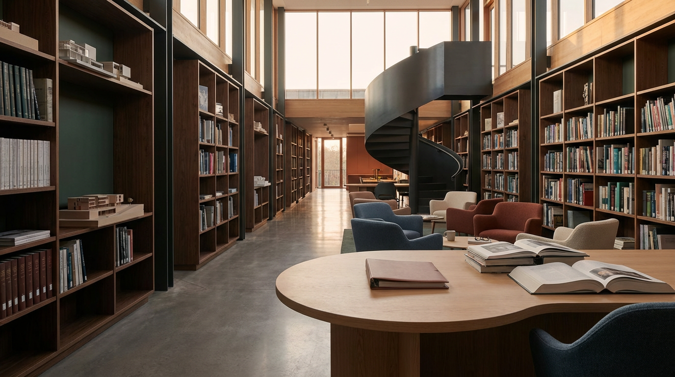 Une bibliothèque moderne avec des étagères en bois remplies de livres, un grand tapis, des fauteuils colorés, un bureau avec des livres ouverts, et un escalier en spirale noir, le tout dans un espace lumineux avec de grandes fenêtres.