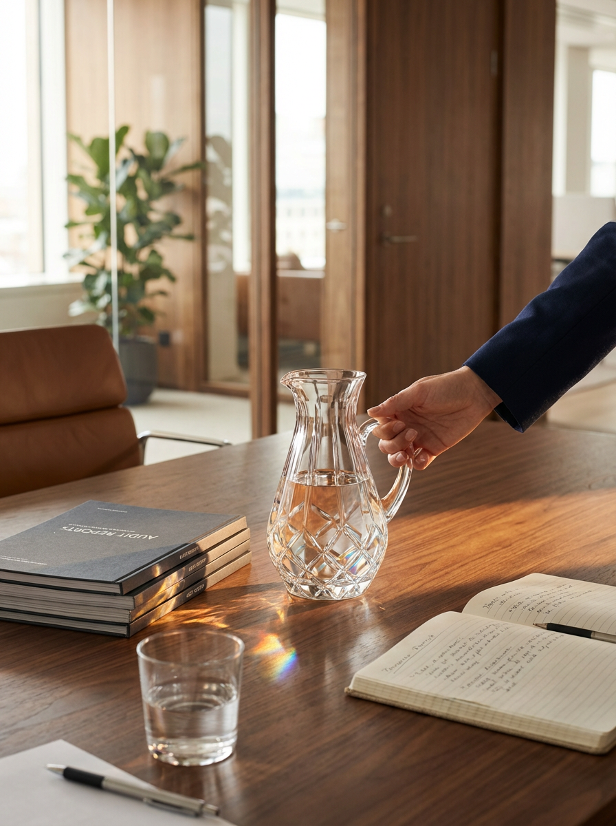 A person in a dark suit is pouring water from a glass pitcher onto a table. The table has a notebook, a glass of water, a pen, and three stacked books. The setting appears to be a modern office with wooden walls, large windows, and a potted plant in the background.