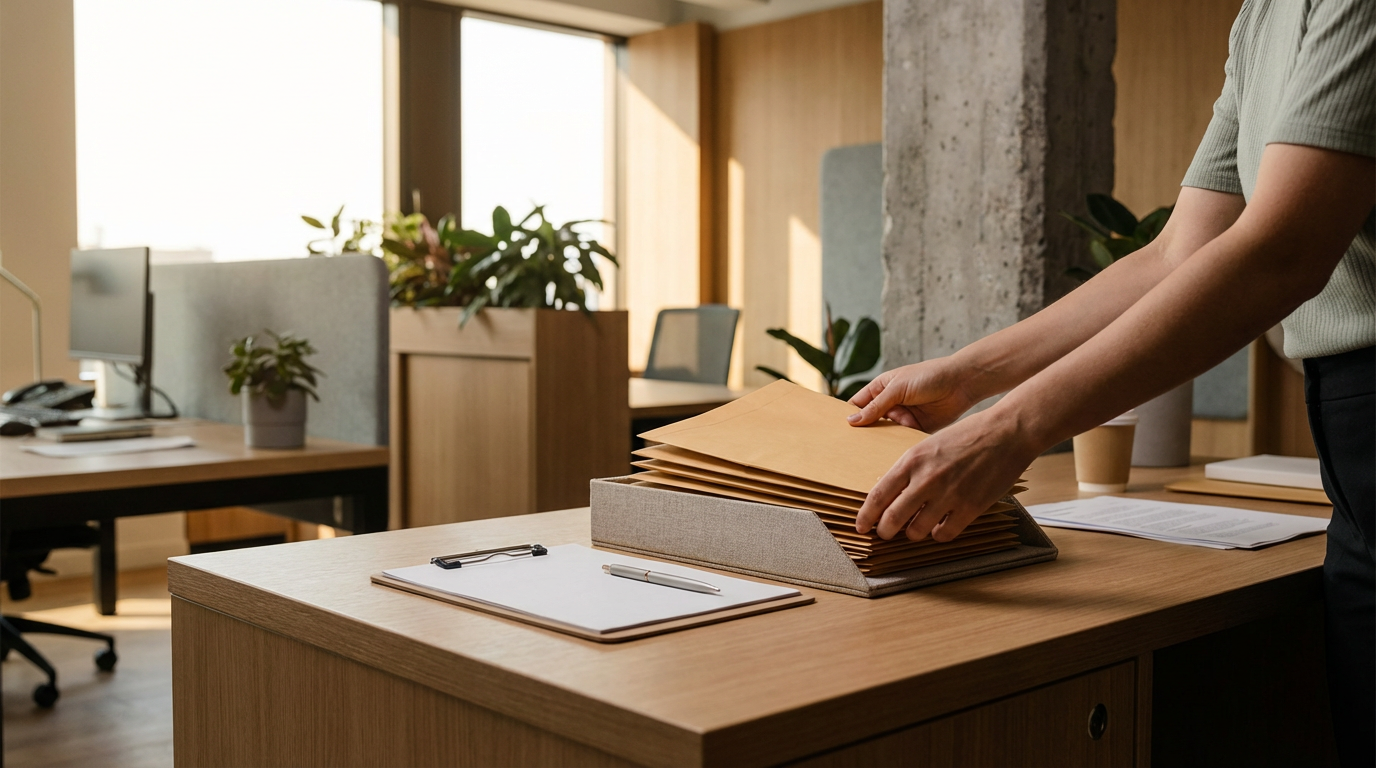 Person standing at a wooden desk, organizing manila envelopes in a file holder in an office with plants and desks.