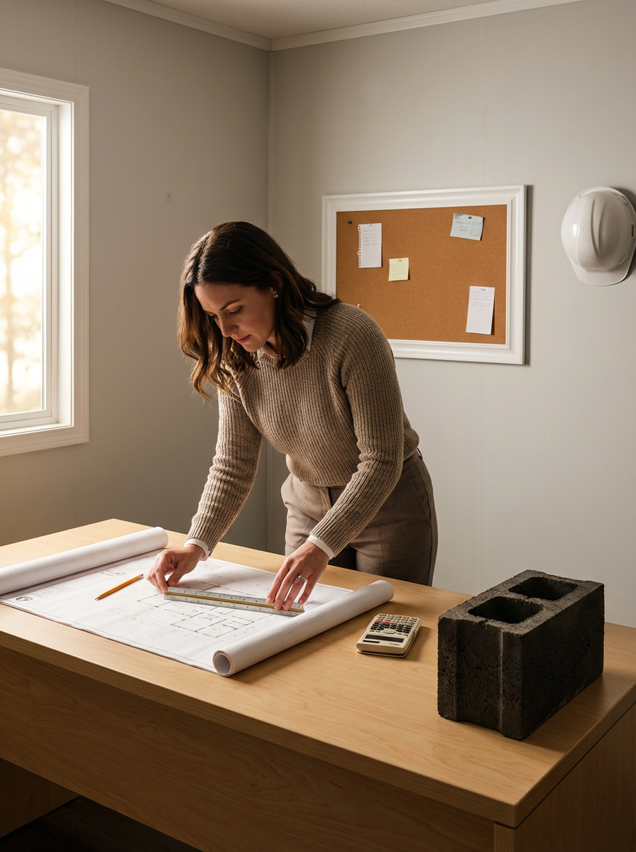 A woman working on architectural blueprints at a wooden desk, measuring with a ruler, in a well-lit room with a window, bulletin board, calculator, and cinder block.