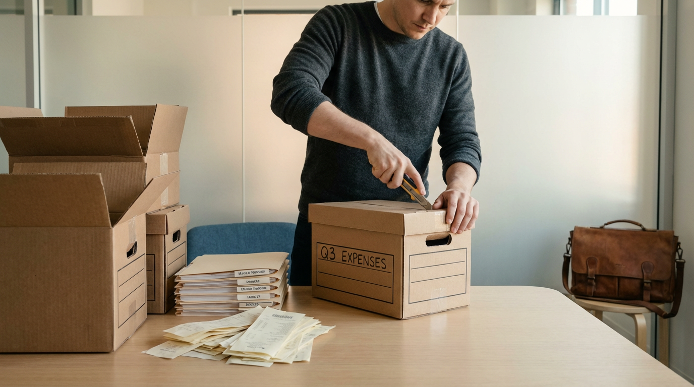 Person packing documents and receipts into a labeled box on a table, surrounded by various boxes and folders, in an office setting.