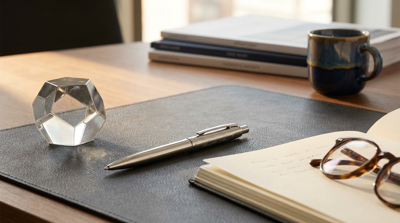 Desk with a metallic geometric candle holder, a silver pen, an open notebook with handwritten notes, tortoise-shell glasses, a dark blue coffee mug with a gold rim, and a stack of books in the background.