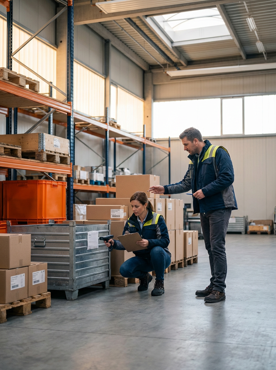 Two workers in a warehouse, one woman crouching and holding a clipboard and scanner, and one man standing and pointing, surrounded by boxes and shelves.