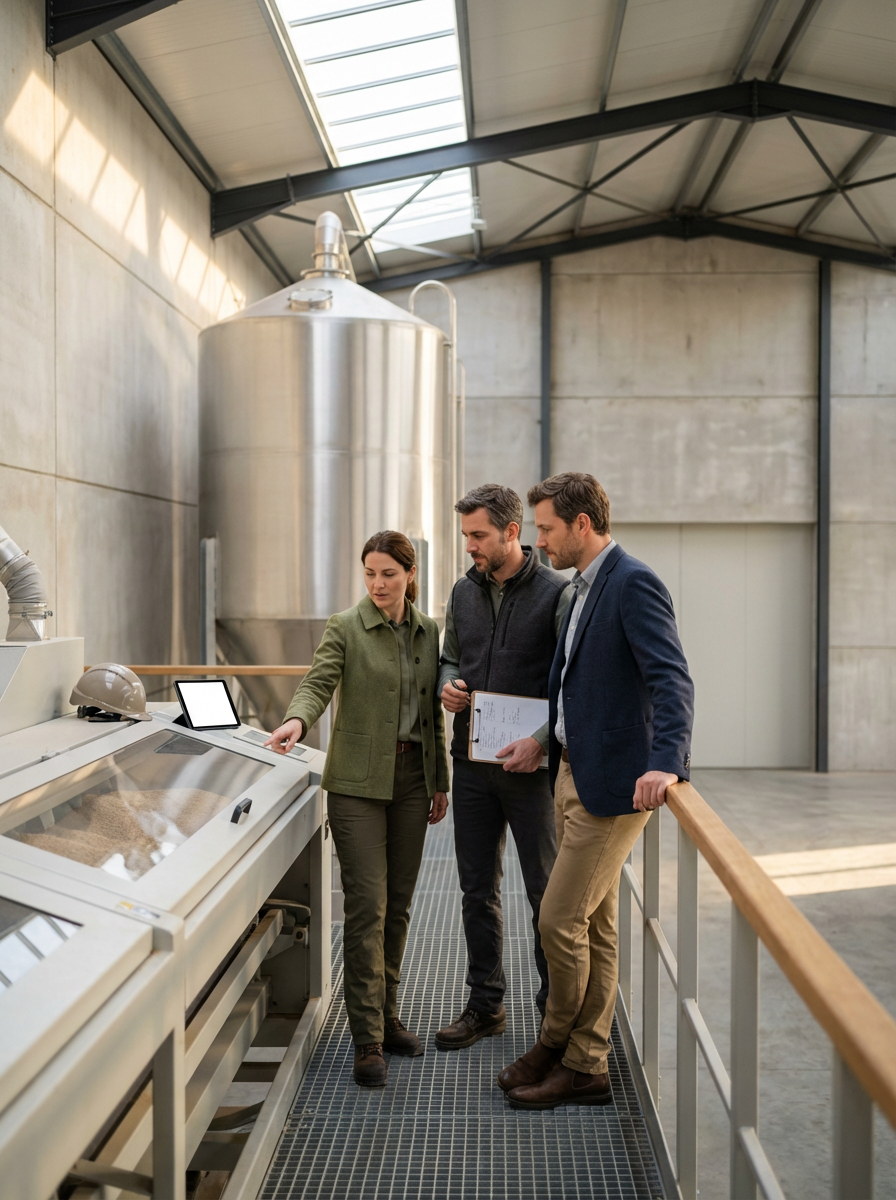 Three people, two men and one woman, are in a modern industrial facility, looking at a control panel or interactive screen. The woman is pointing at the screen, and the men are observing attentively, with one holding a clipboard.