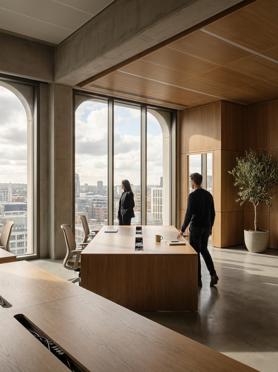 Modern office conference room with large floor-to-ceiling windows overlooking a cityscape, wooden desks, a potted plant, and two professionals, a woman looking out the window and a man near the table.