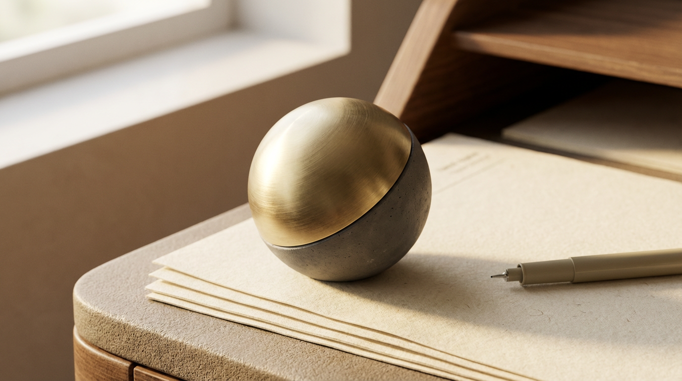 Decorative spherical object with a gold upper half and a matte gray lower half resting on a stack of cream-colored papers on a textured beige surface, with a beige pen nearby.
