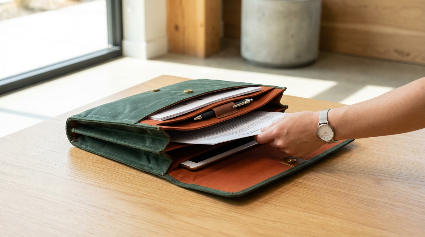 A person with a silver watch reaching into a green and brown leather bag on a wooden table, with papers, a pen, and a tablet inside. In the background, a window and wooden wall are visible.