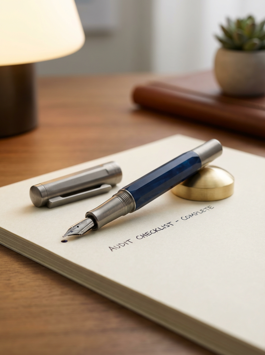 Close-up of a planner with a fountain pen resting on it, labeled 'Audit Checklist - Complete'. A desk lamp, a potted plant, and a closed notebook are also in the background.