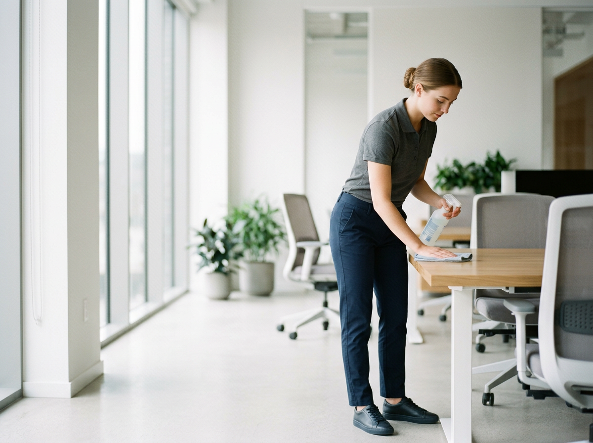 A woman in a gray polo shirt and blue pants cleaning a wooden conference table in a bright office space with large windows and potted plants.