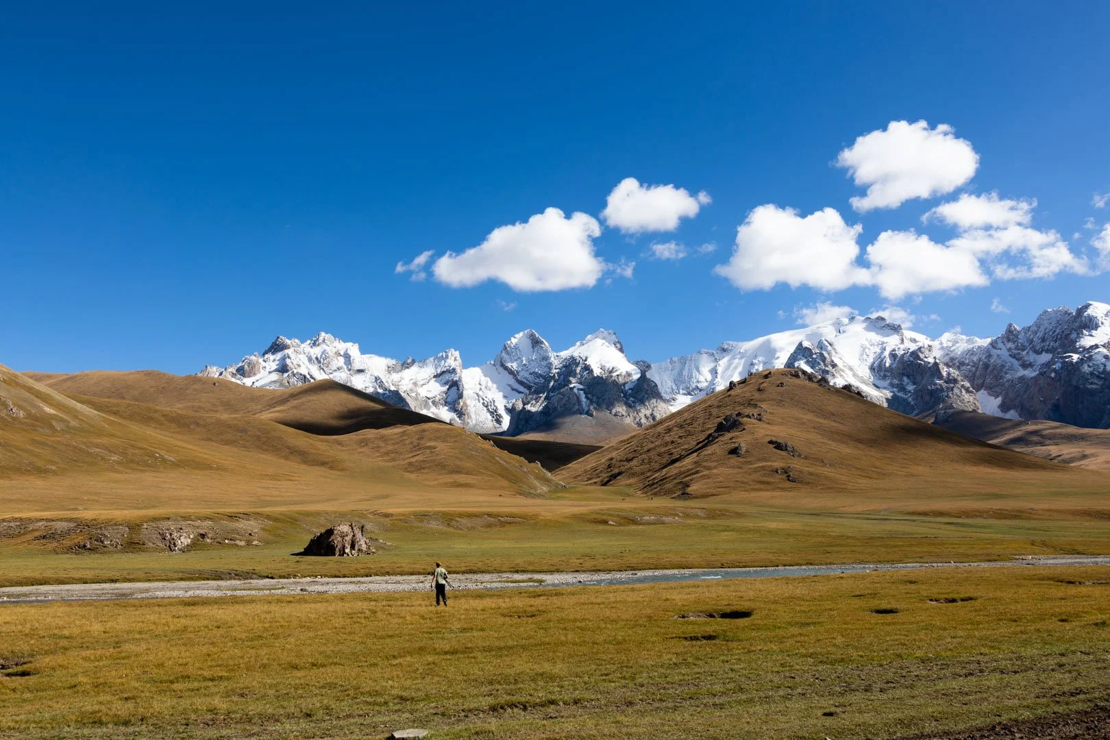 A person standing on a grassy plain near a river, with rolling hills and snow-capped mountains in the background under a blue sky with a few white clouds.