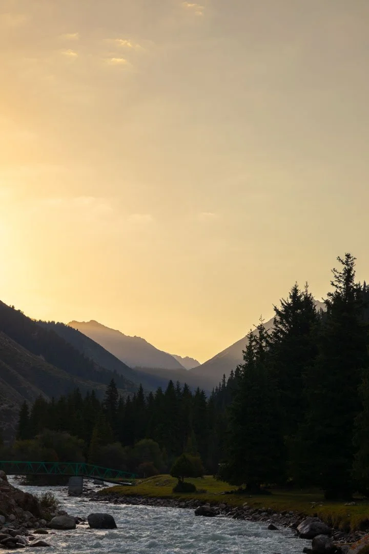 A scenic landscape of a river flowing through a valley surrounded by tall pine trees and mountain ranges in the background, with a yellowish sky indicating either sunrise or sunset.