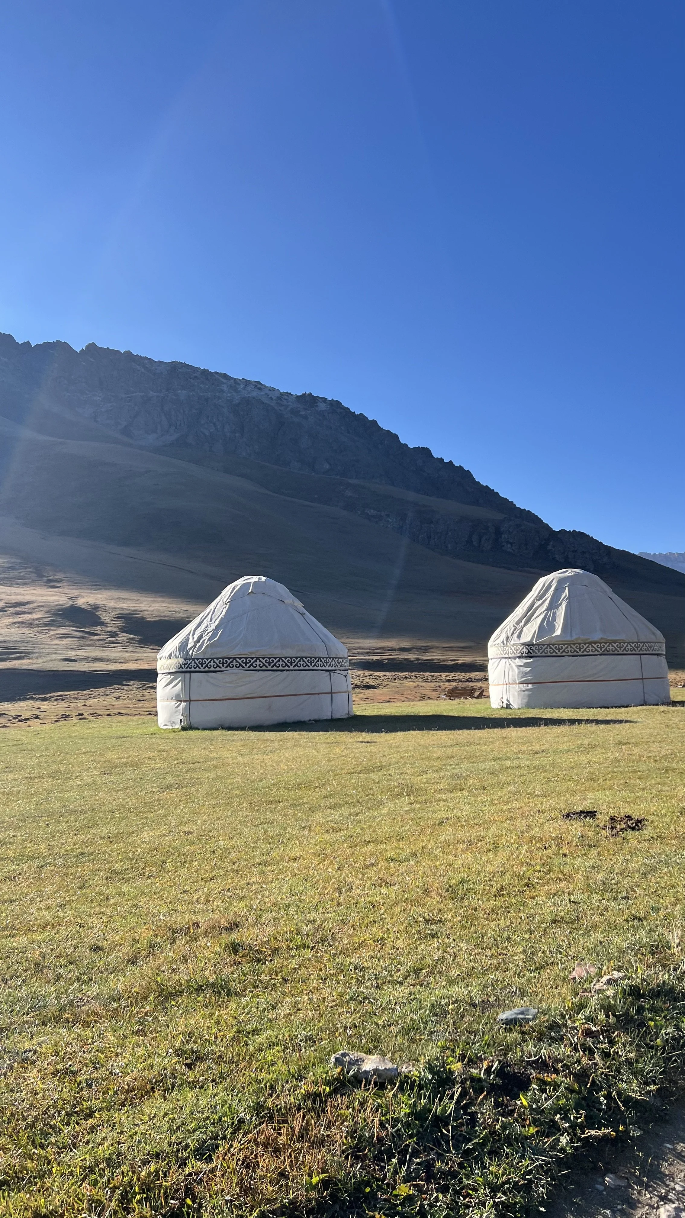 Two traditional yurts on grassy land with mountains and blue sky in the background.