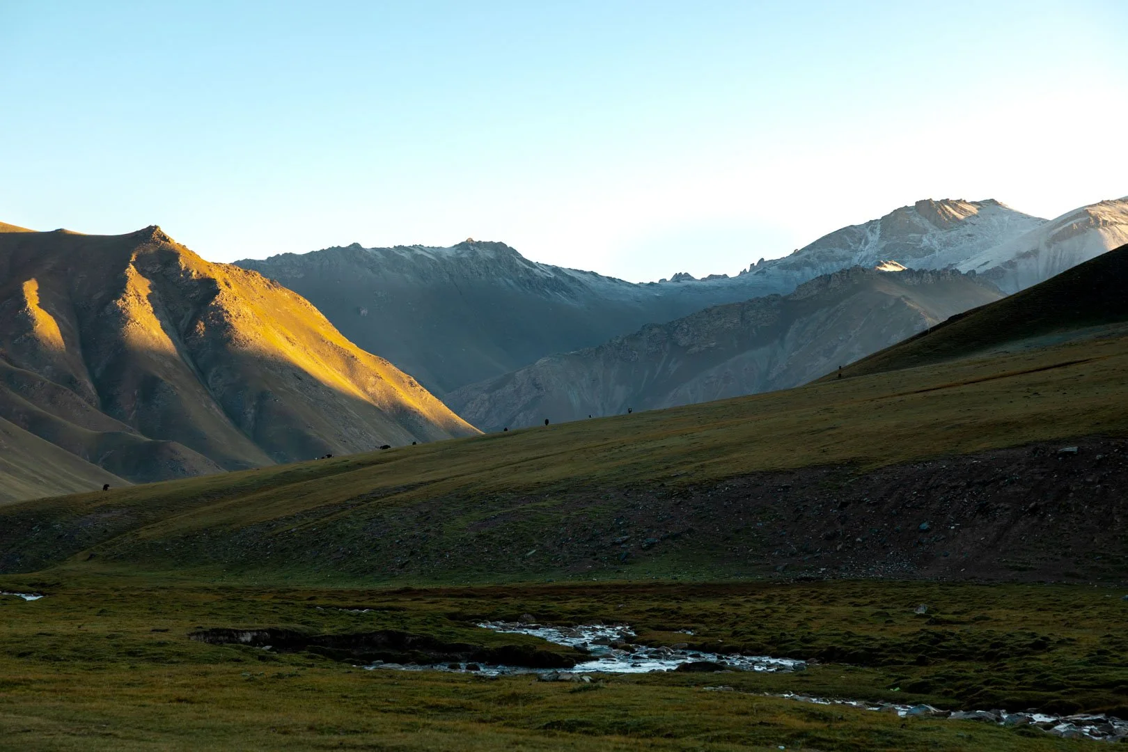 Scenic landscape of rolling green hills, a small stream, and towering snowy mountains in the distance under a clear sky.