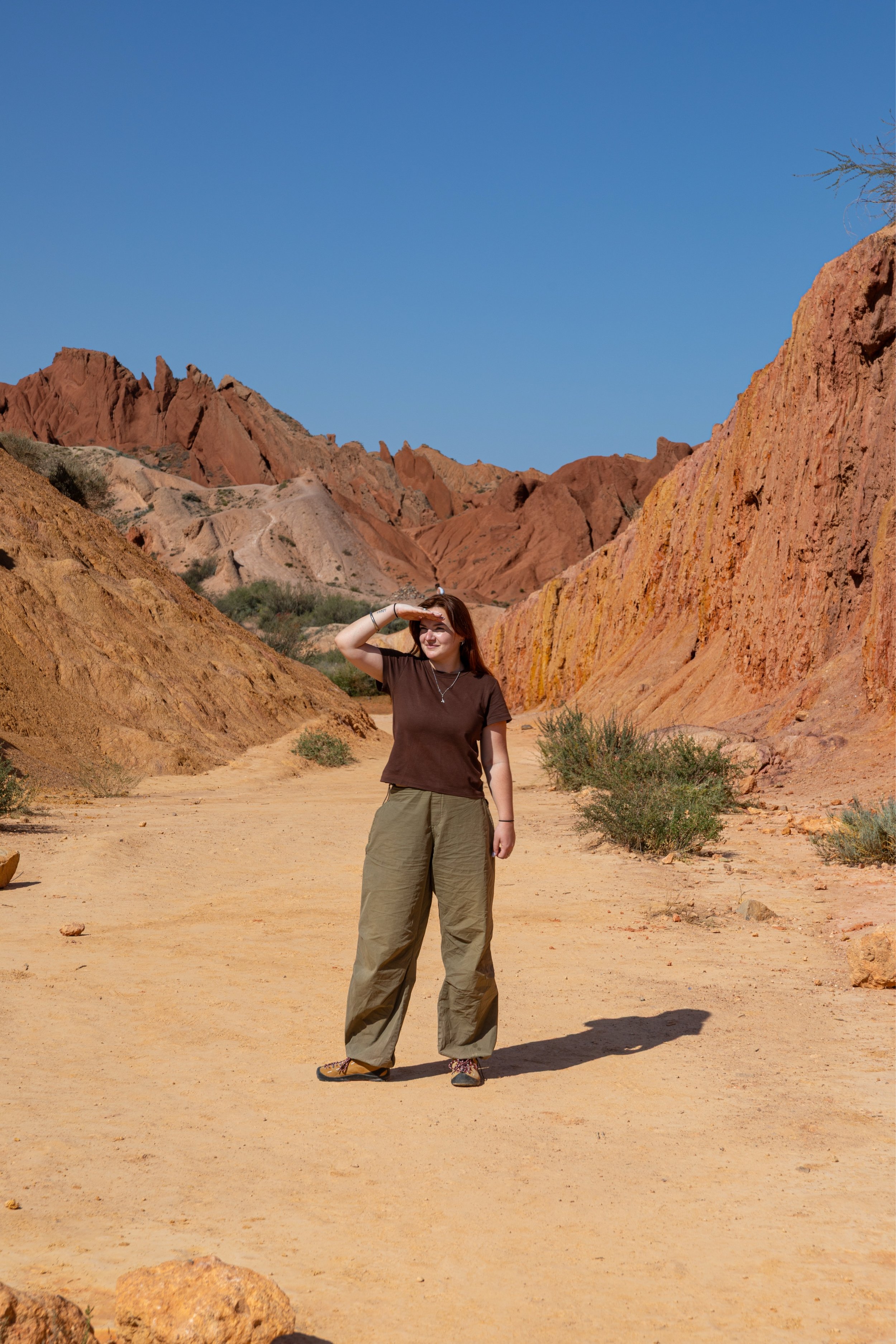 A young woman in a brown t-shirt and khaki pants standing on a sandy desert trail, shading her eyes with her hand, with colorful rock formations and a clear blue sky in the background.
