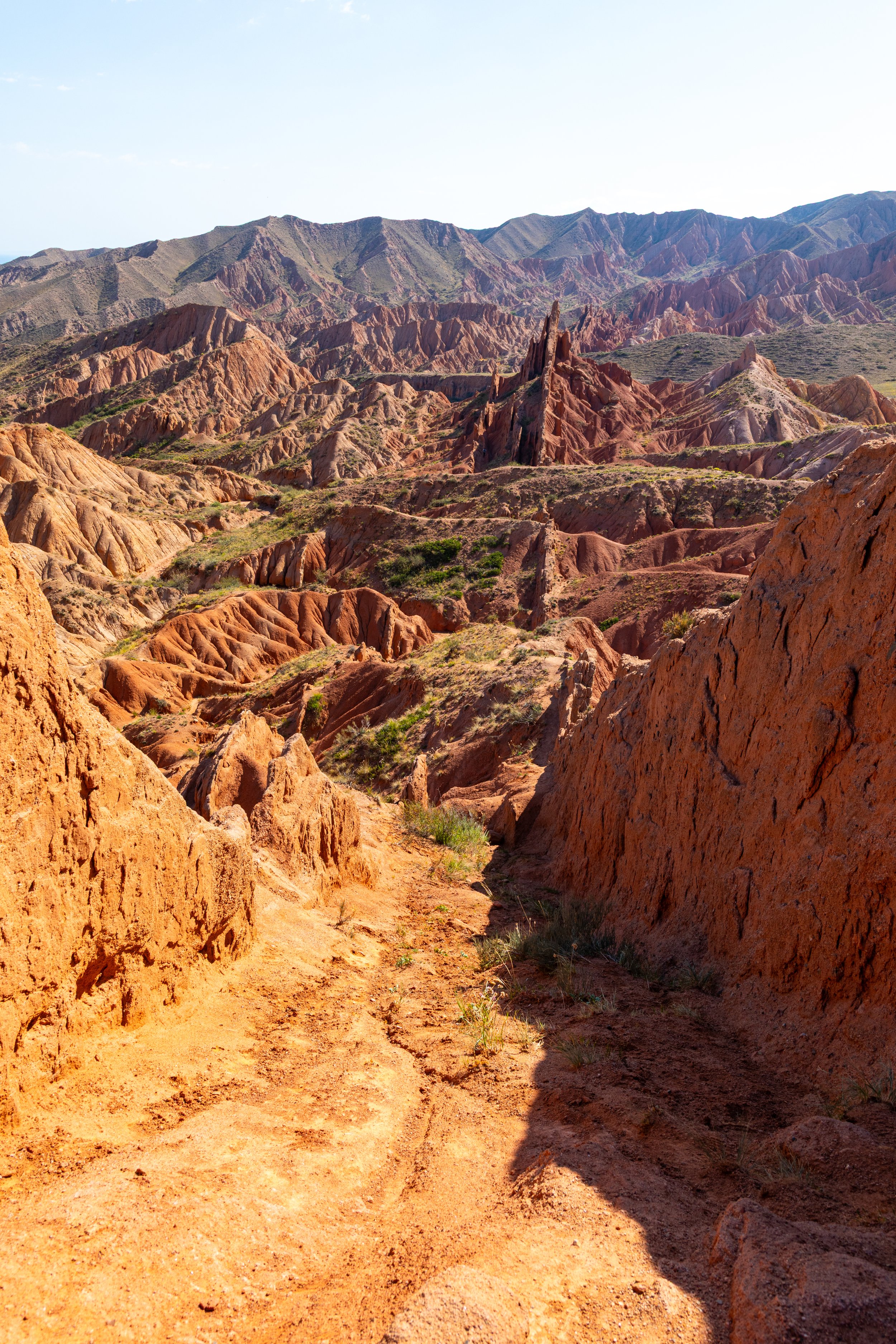 A rugged, reddish-orange desert landscape with layered eroded rock formations and a dirt trail leading into the distance. Sparse green vegetation is visible amid the rocky terrain, with distant mountains under a clear sky.