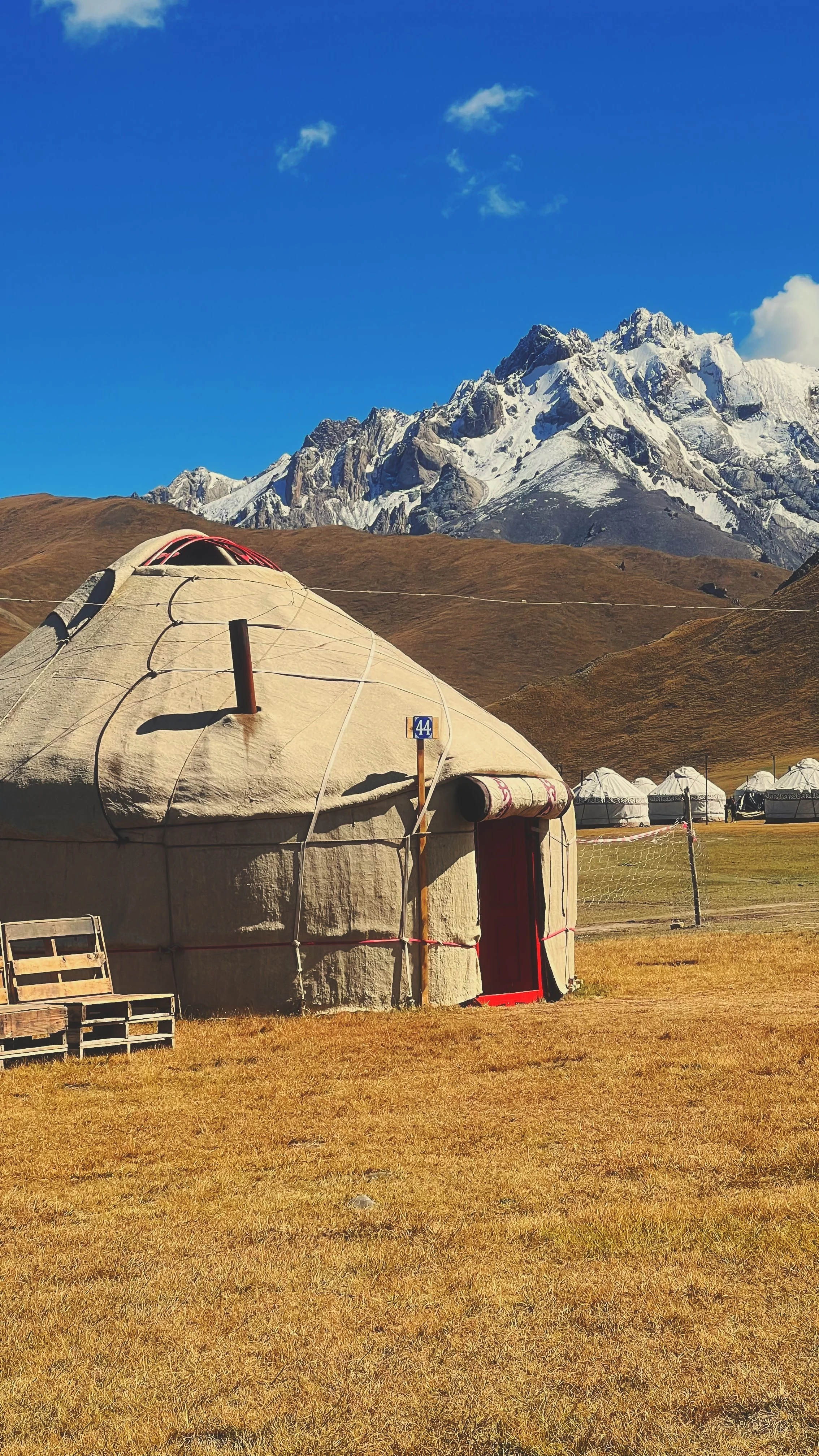 A yurt in a grassy area with a backdrop of snow-capped mountains under a blue sky.