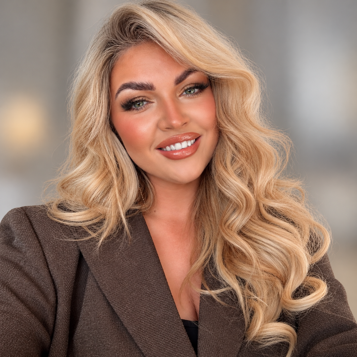 A woman with long, wavy blonde hair and bright green eyes smiling, wearing makeup and a brown blazer.