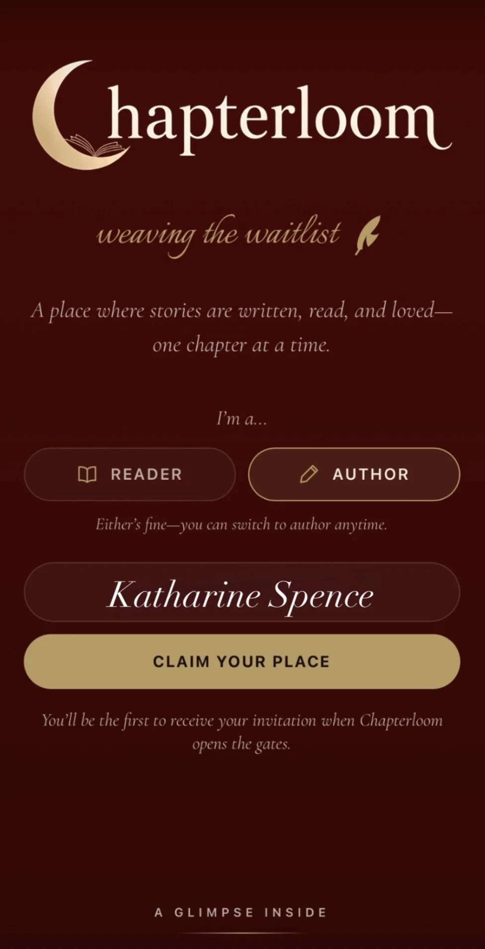 Chapterloom waitlist sign-up screen with reader and author options for Katharine Spence/Miss Katharine on a burgundy background