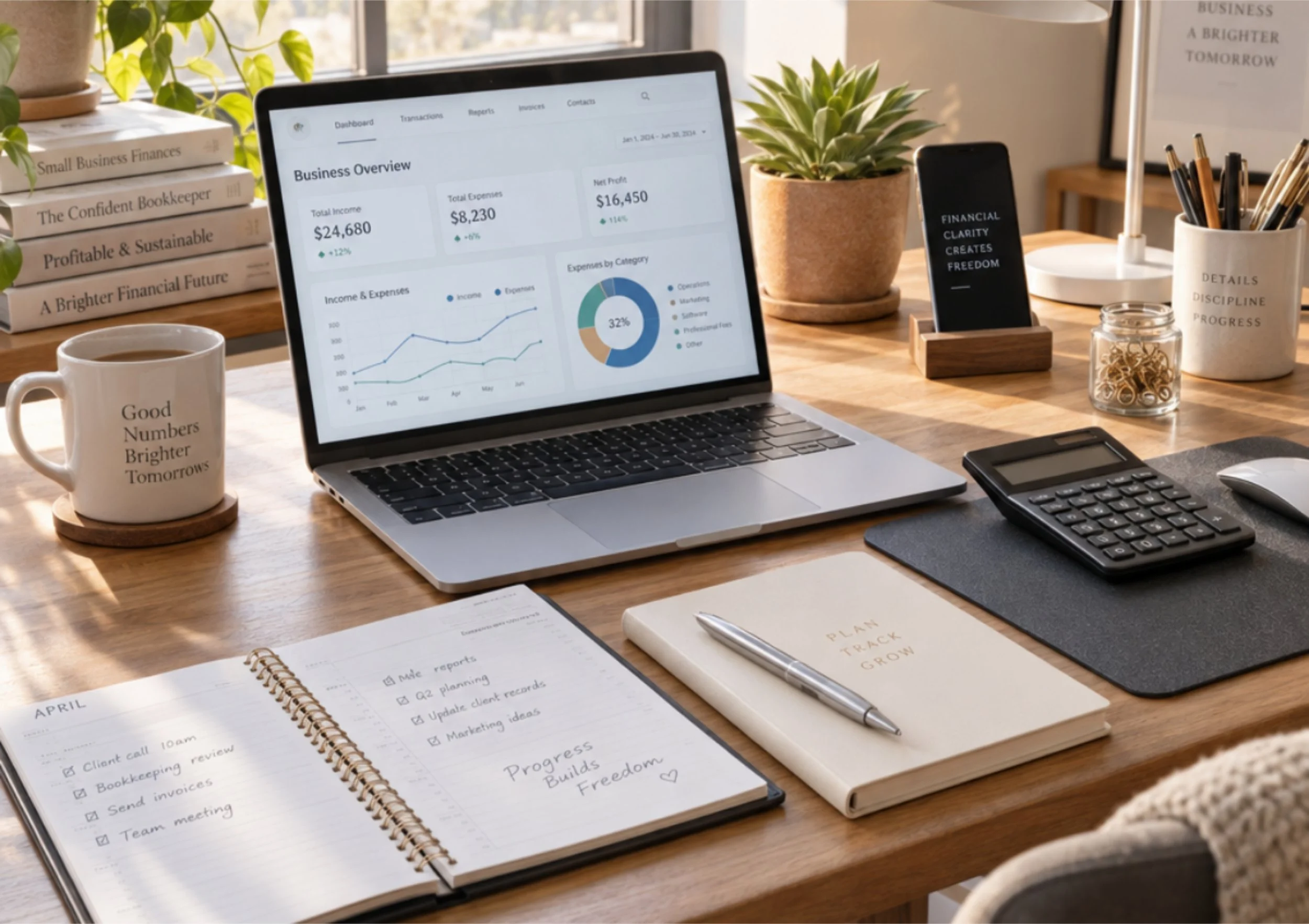 Small business financial planning workspace with laptop dashboard, calculator, notebooks, coffee, books, and plants