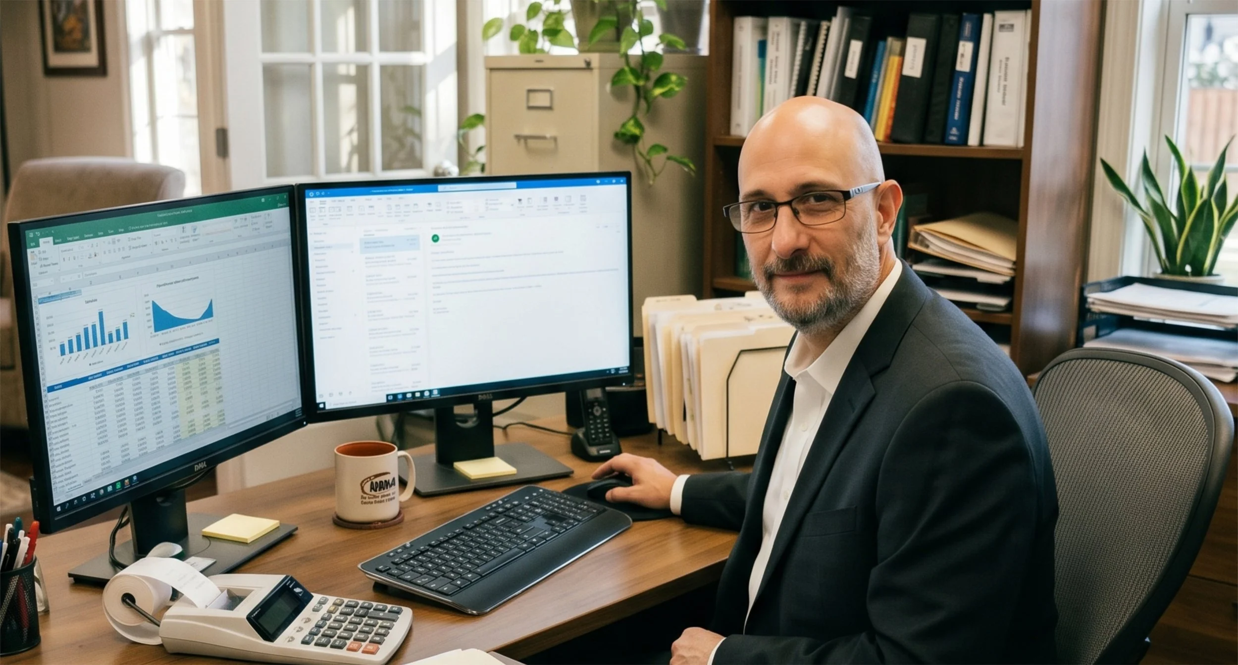 Bald businessman in glasses working at a desk with dual monitors displaying spreadsheets and business data