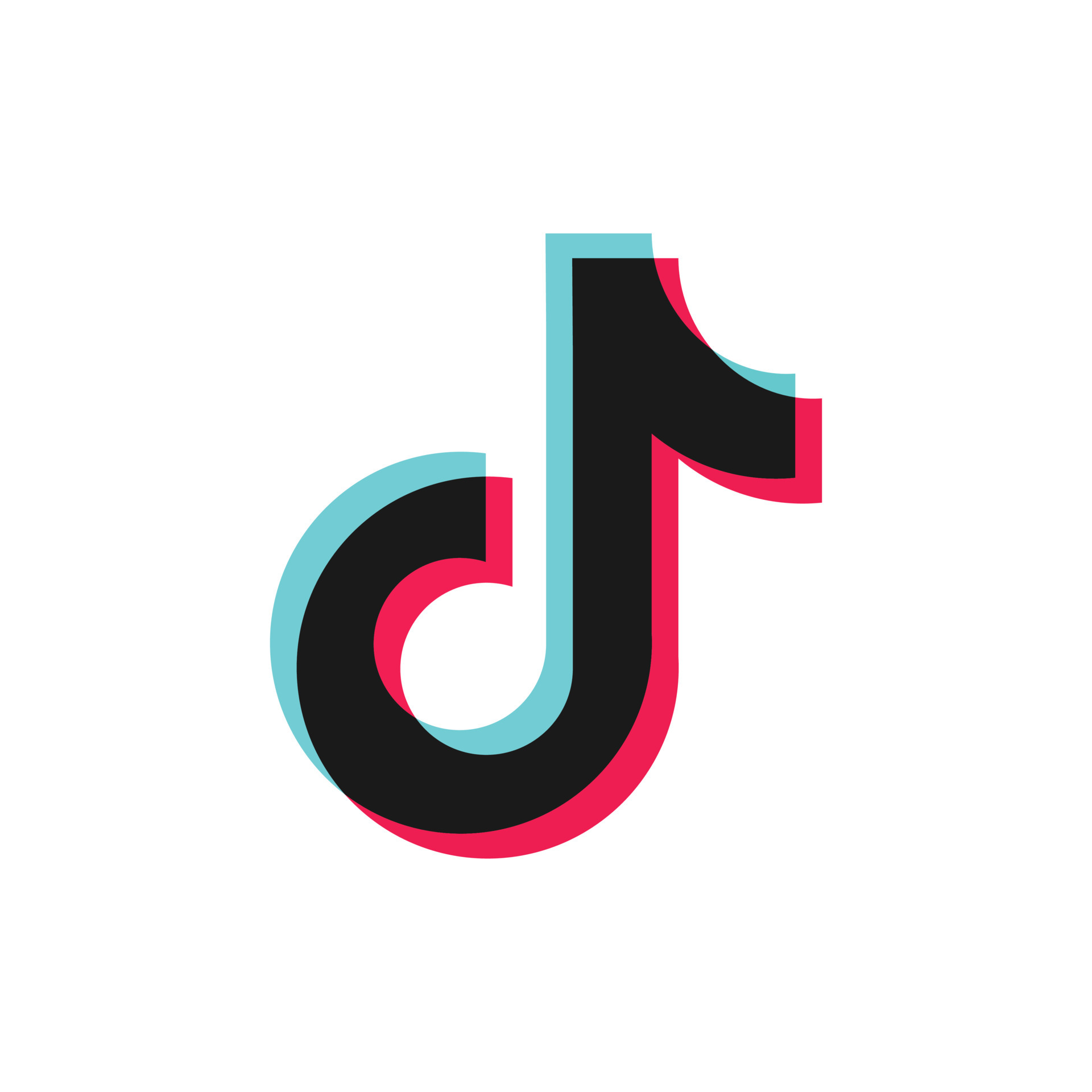 TikTok logo with a black music note outline, highlighted in red and light blue outline.