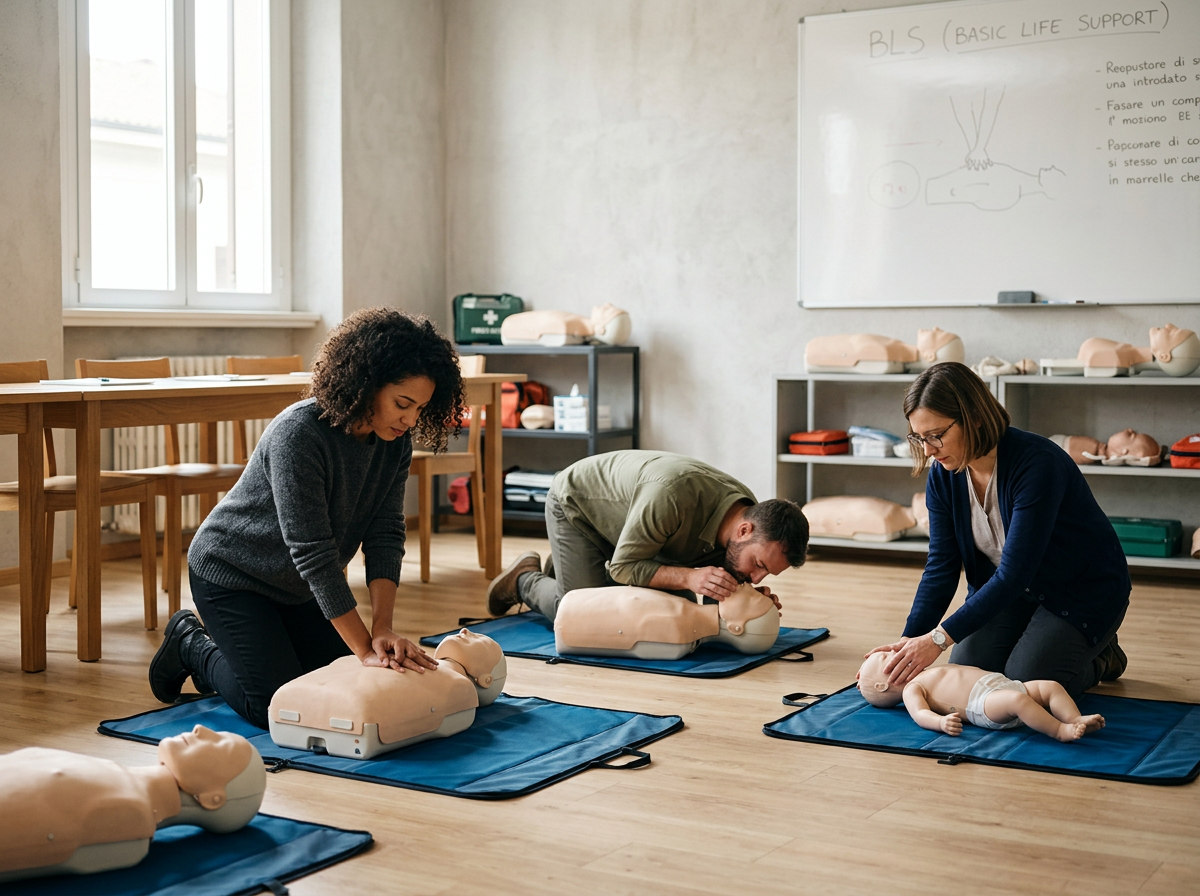Tre persone stanno praticando la manovra di rianimazione su manichini per l'insegnamento di tecniche di pronto soccorso, in una classe dedicata alla formazione di Basic Life Support (BLS)