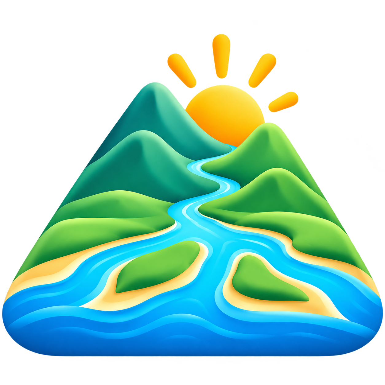 Delta Montessori emblem: a rising sun above green mountains, with a blue river branching into a delta.