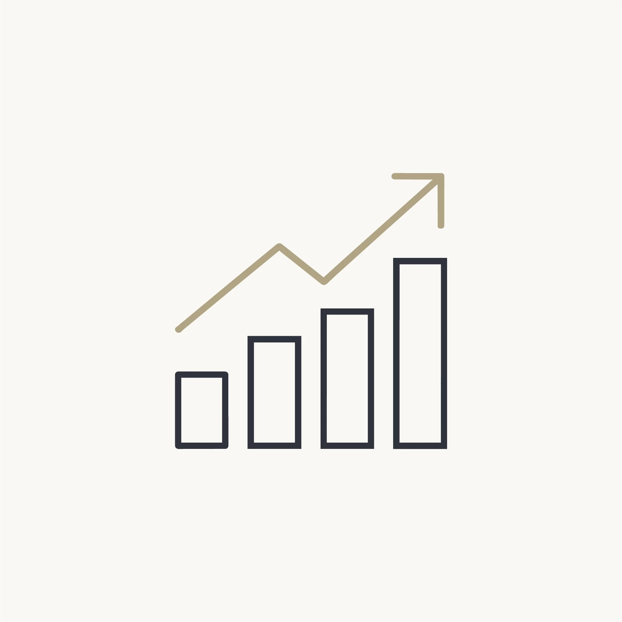 A minimalist line graph with an upward trending arrow, featuring five vertical bar segments in black and beige against a light background.