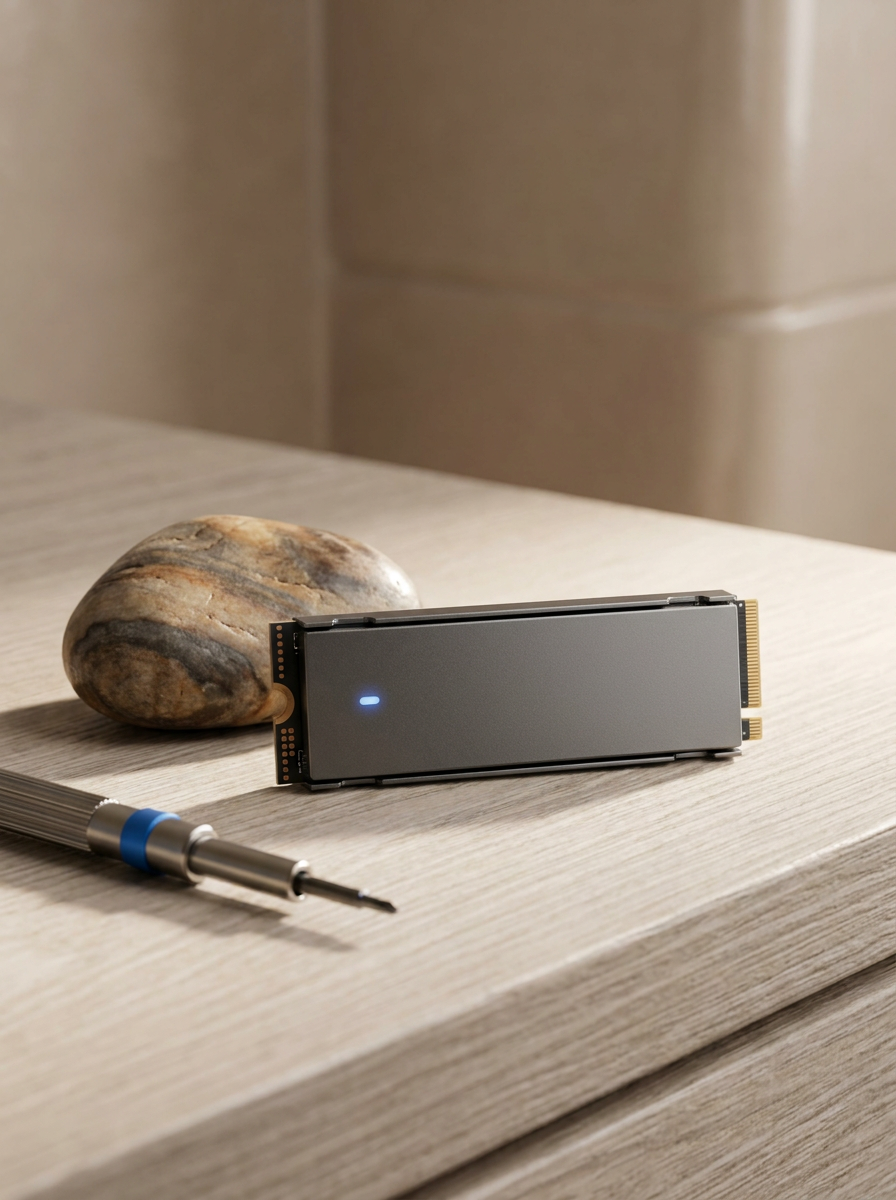 M.2 NVMe solid-state drive with blue indicator light beside a precision screwdriver and stone on a wooden table
