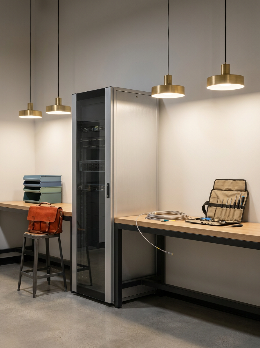 Modern server room with a glass-front network rack, workbenches, cable tools, coiled wires, pendant lights, and a leather tool bag.
