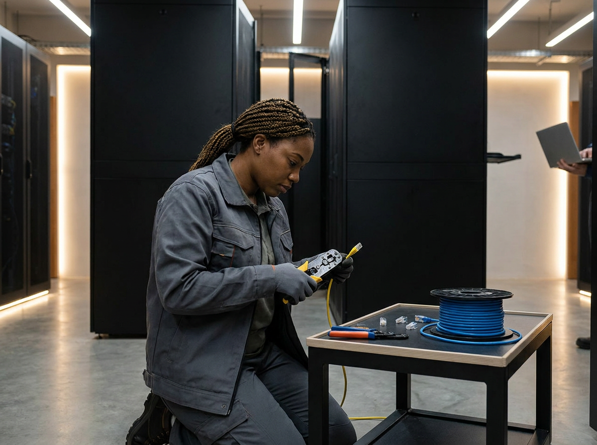 Technician inspecting a fiber optic cable with tools beside server racks in a data center