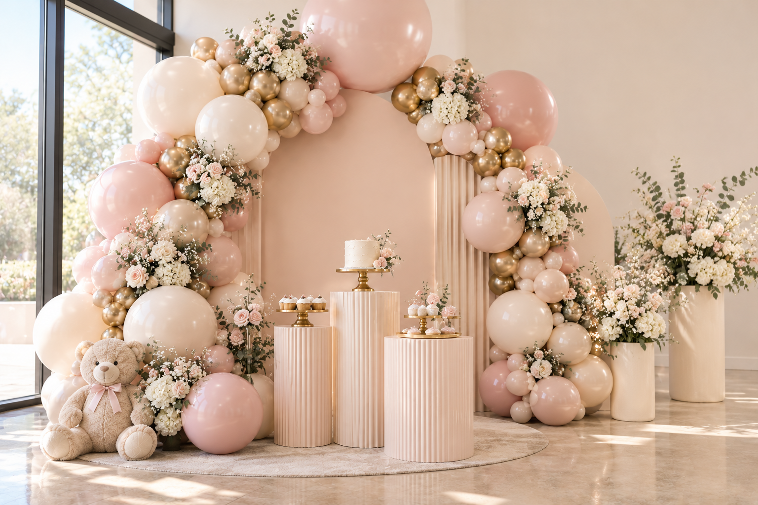 Elegant baby shower dessert display with pink and gold balloon arch, floral arrangements, tiered cakes, cupcakes, and teddy bear