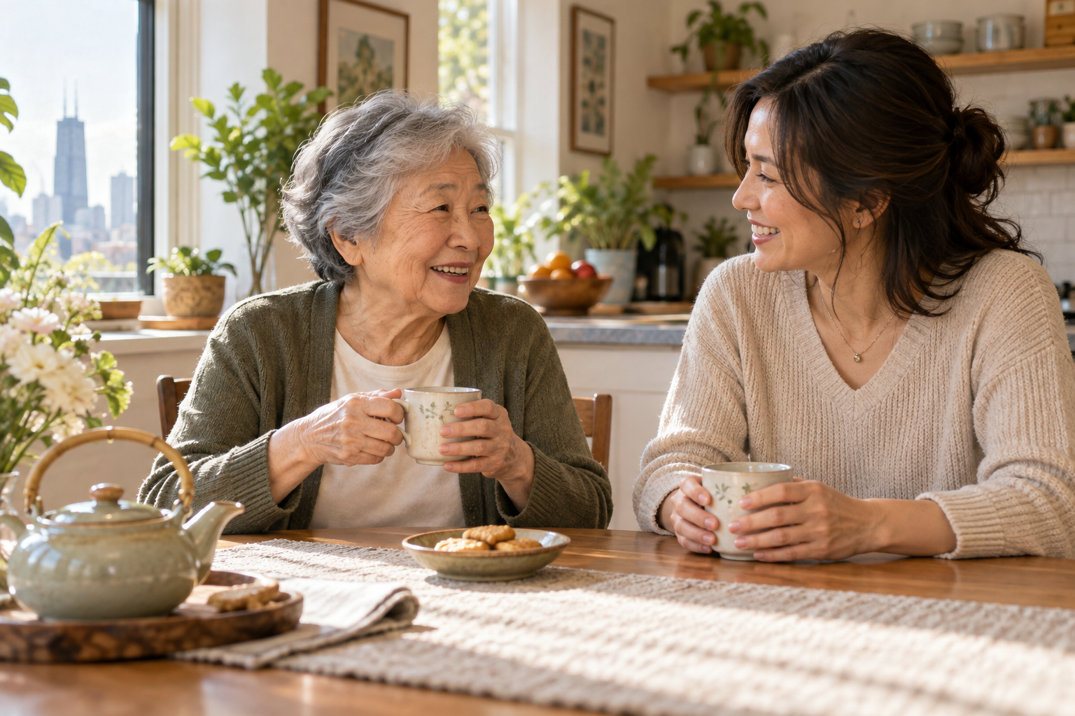 Illustration of an older adult and companion sharing tea at home; AI-generated image.