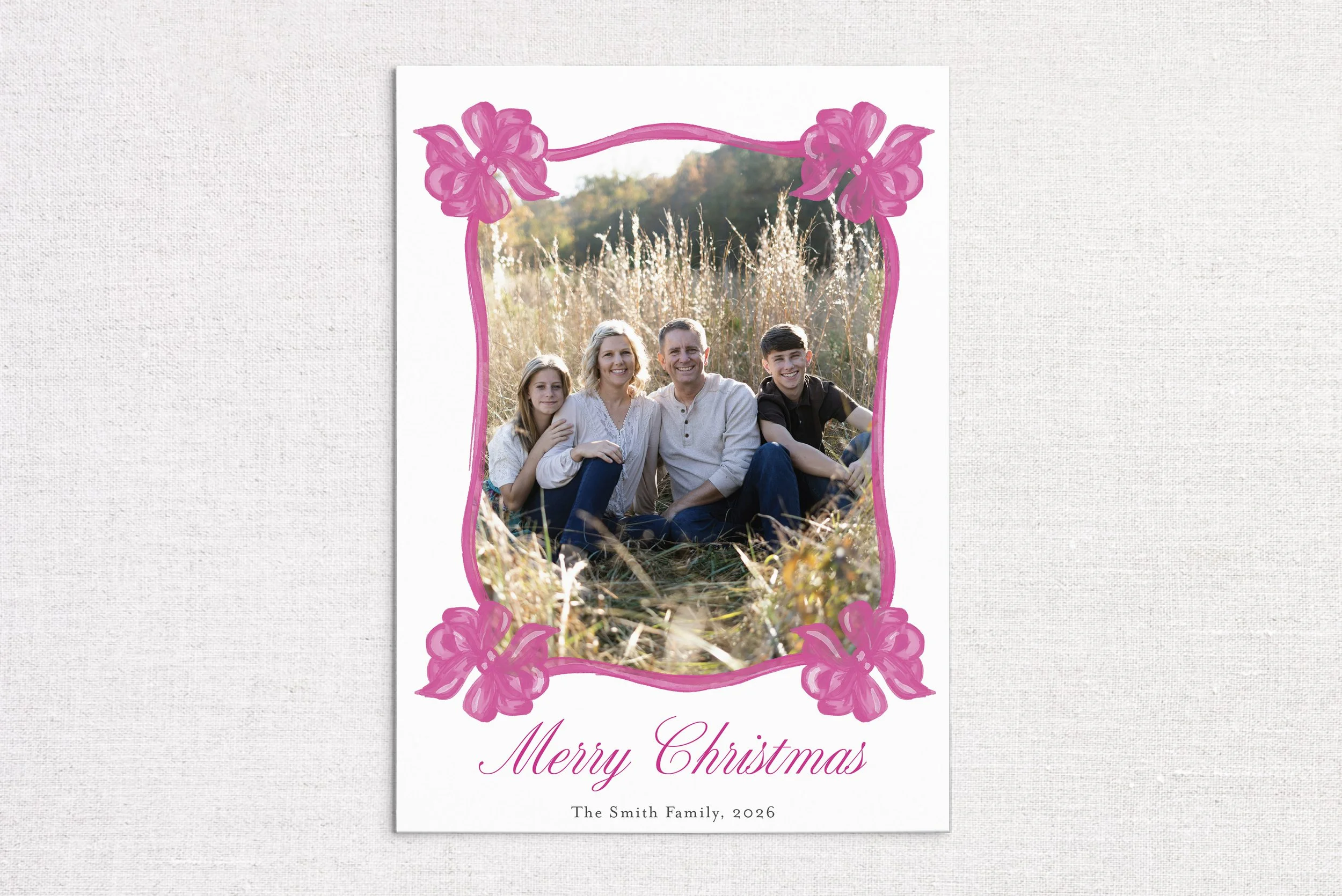 Pink Bow Frame Holiday Photo Card