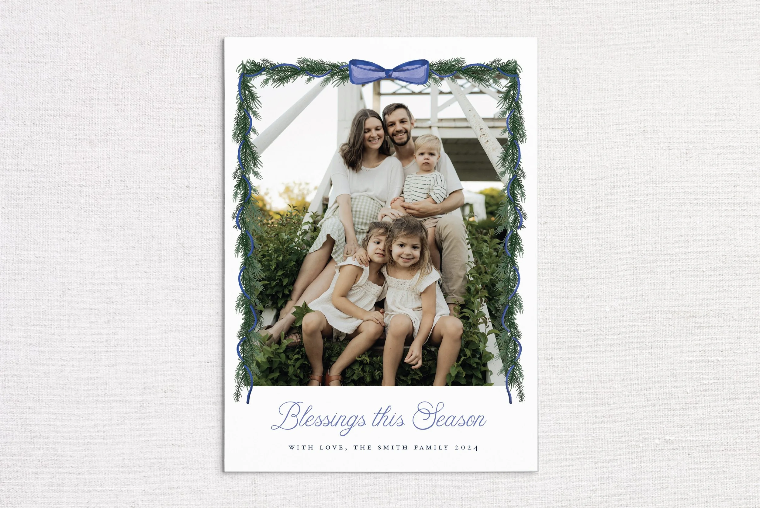 Blue Bow Garland Holiday Photo Card