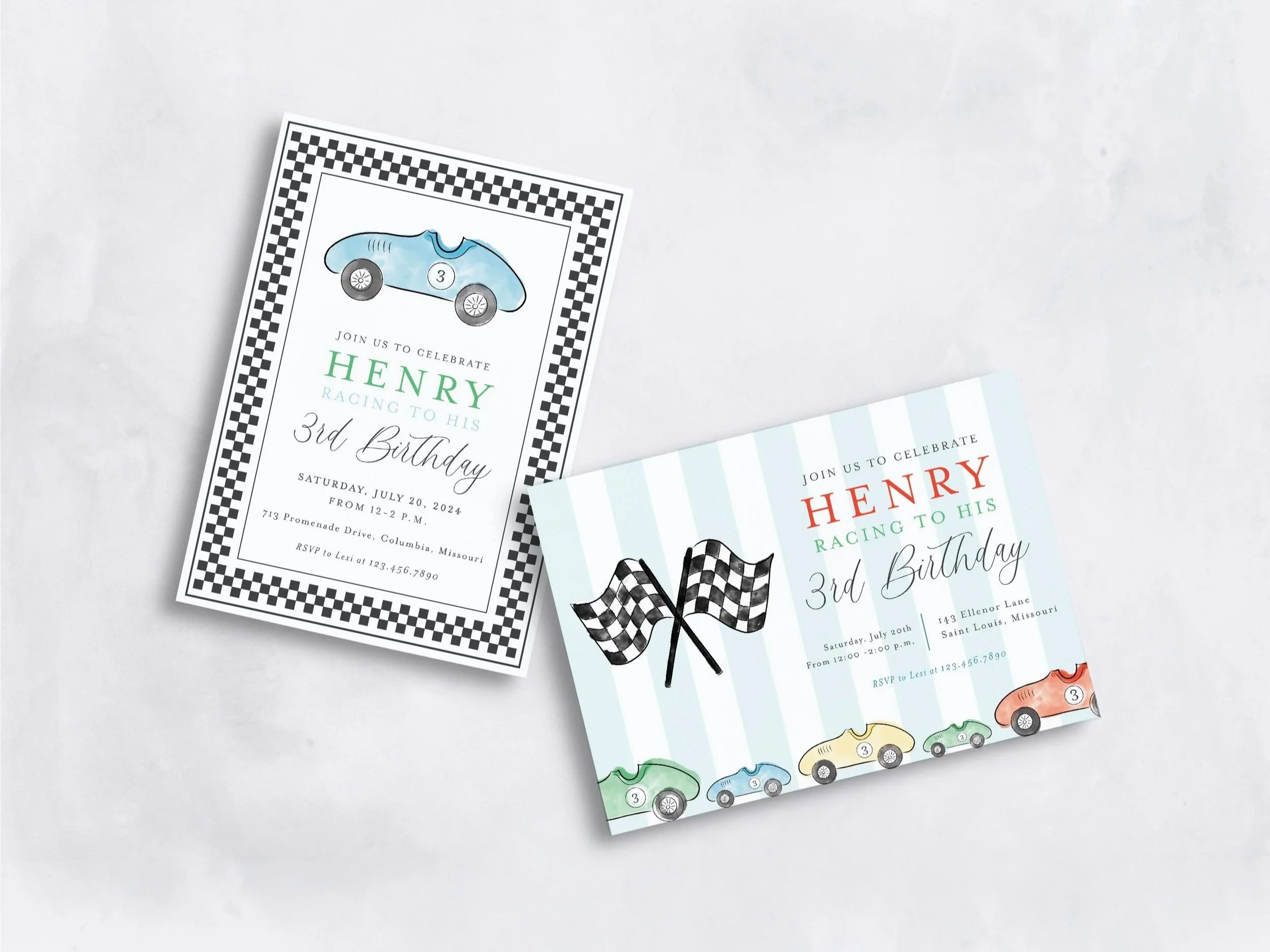 Party invitation for a third birthday celebration with a car motif, featuring checkered racing flags, colorful toy cars, and a light blue and white striped background.