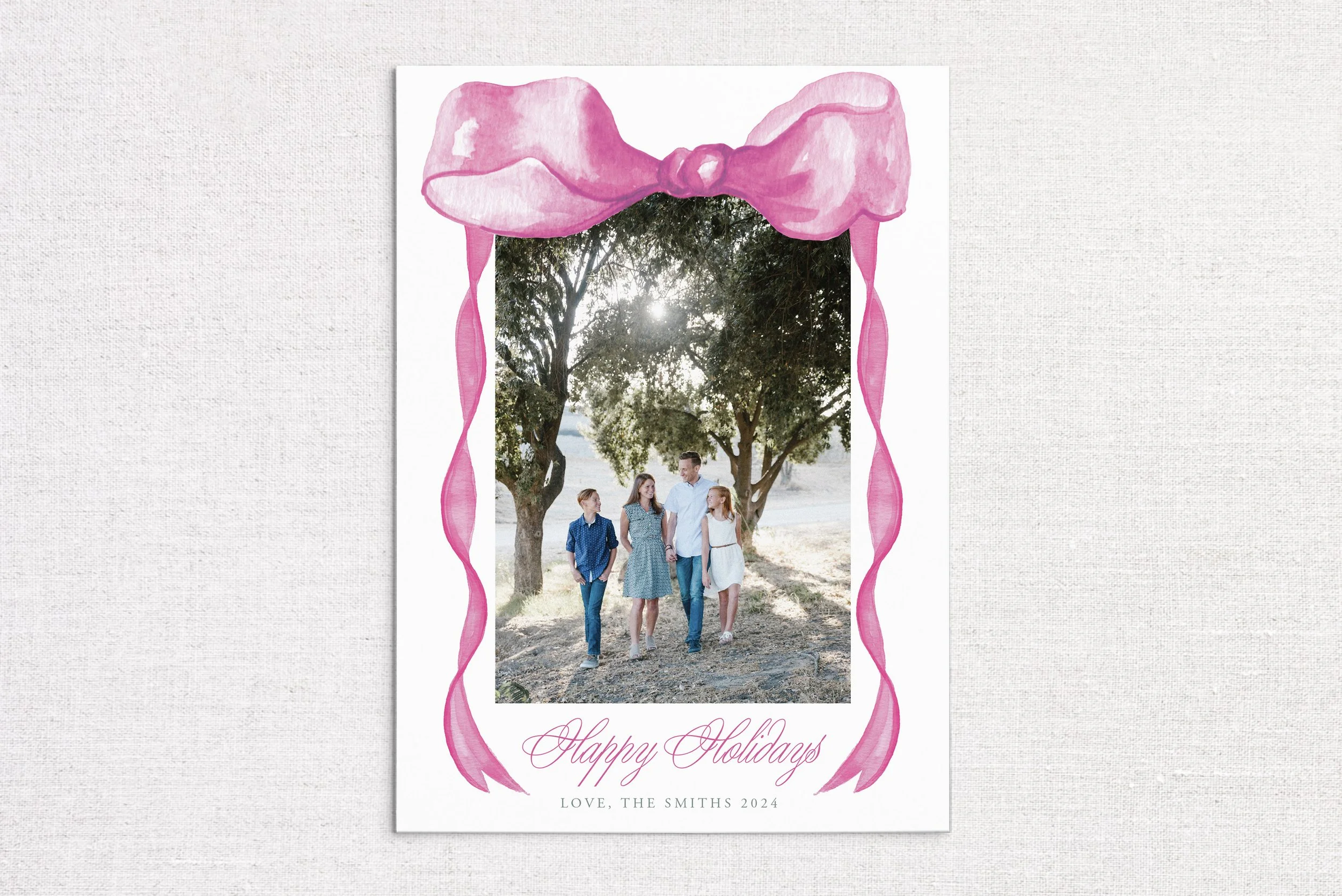 Pink Watercolor Bow Holiday Card