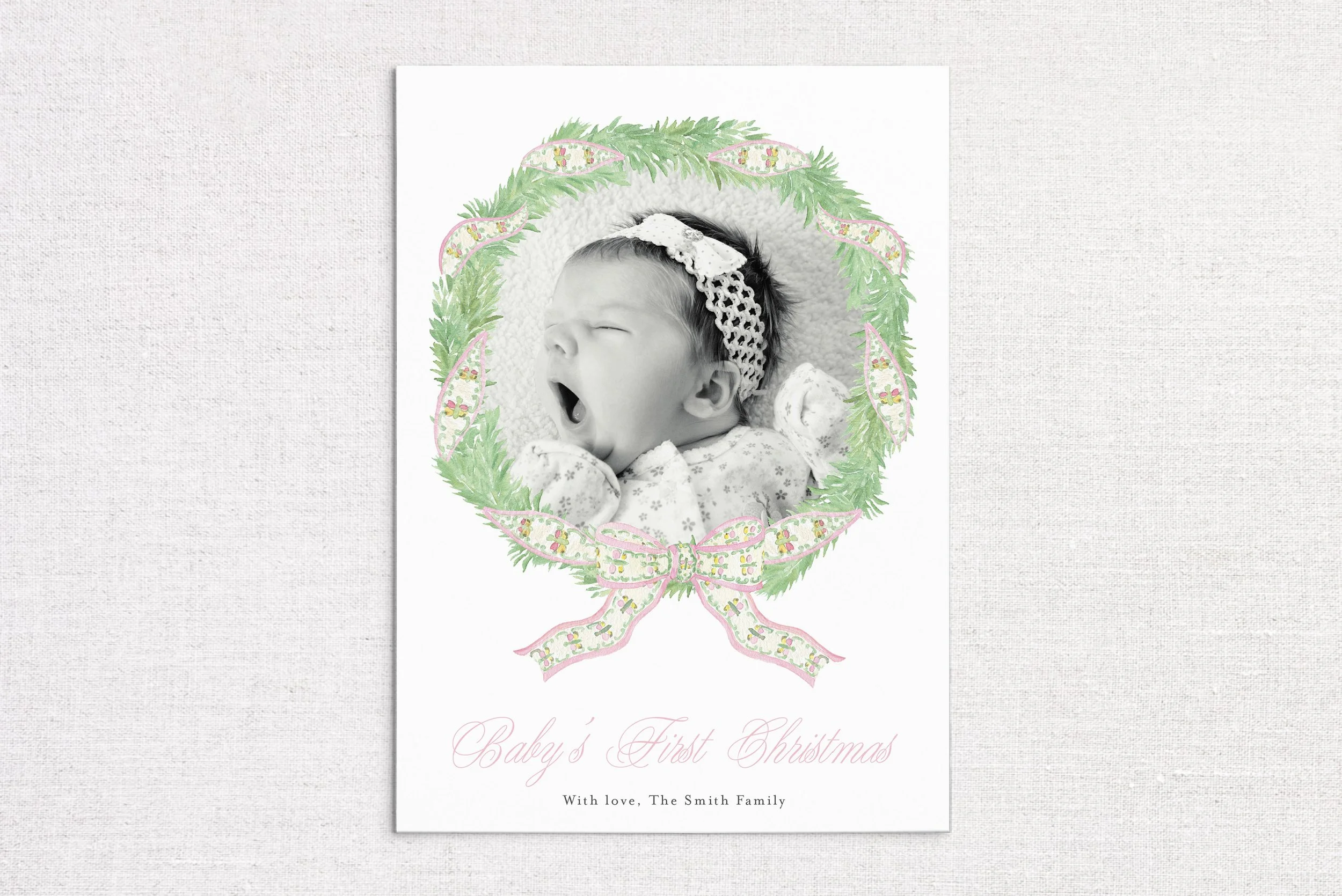 Preppy Pink and Green Wreath Holiday Card