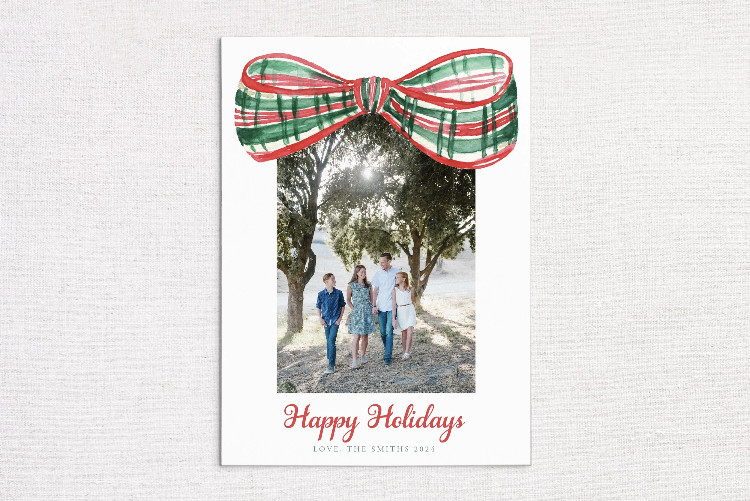 Red and Green Gingham Watercolor Bow Holiday Card