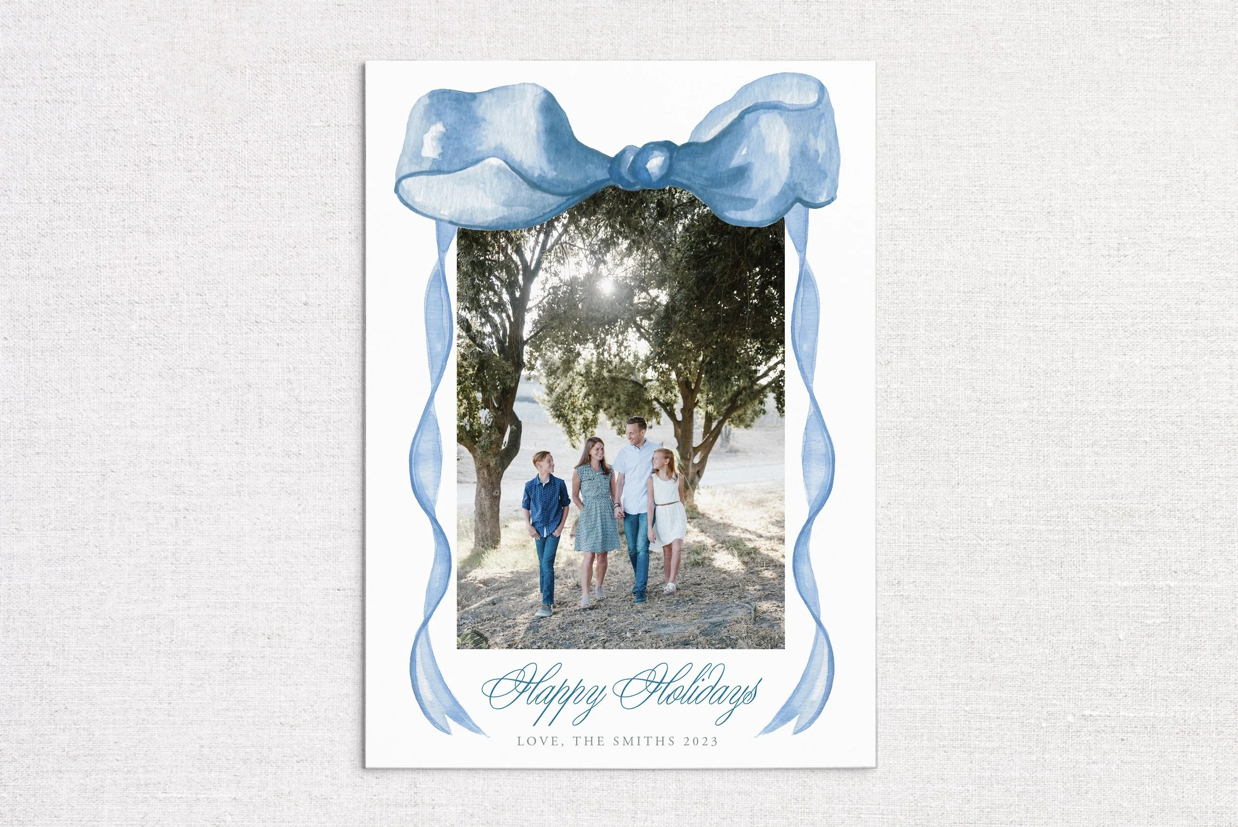 Blue Watercolor Bow Holiday Card