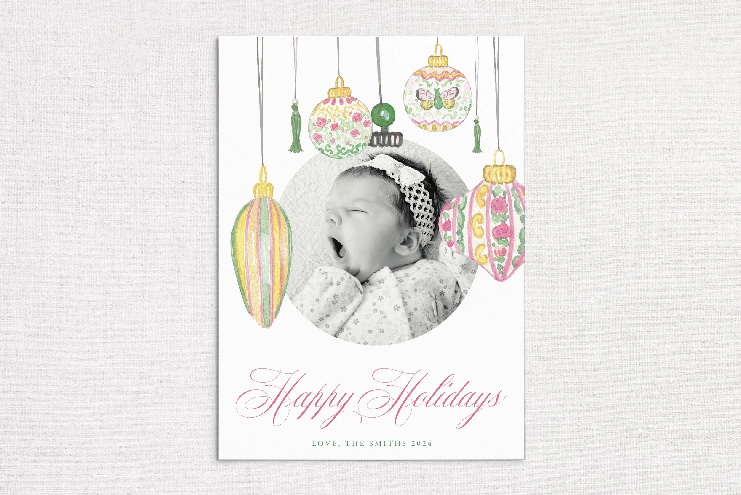 Pink and Green Watercolor Ornament Holiday Card