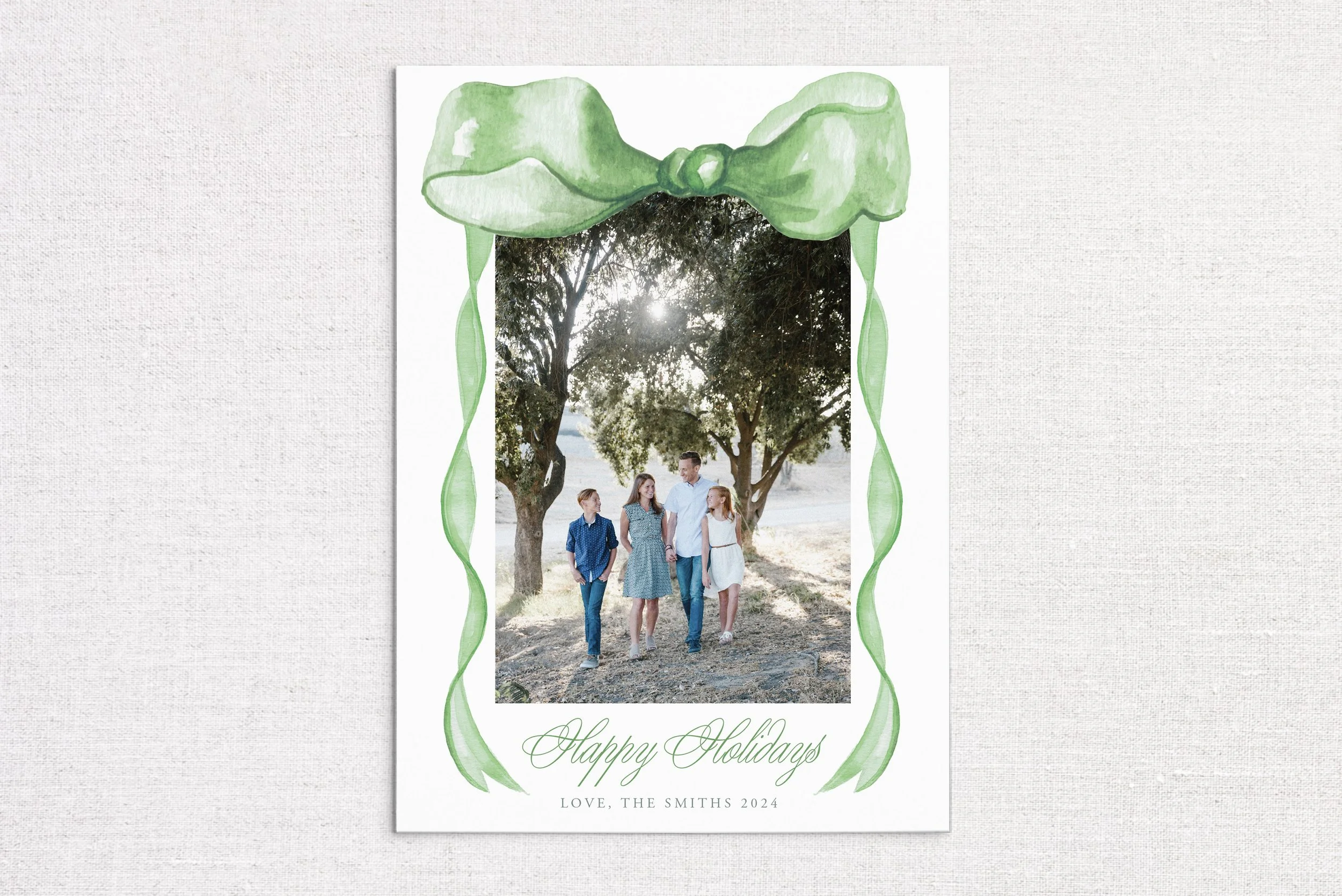 Green Watercolor Bow Holiday Card