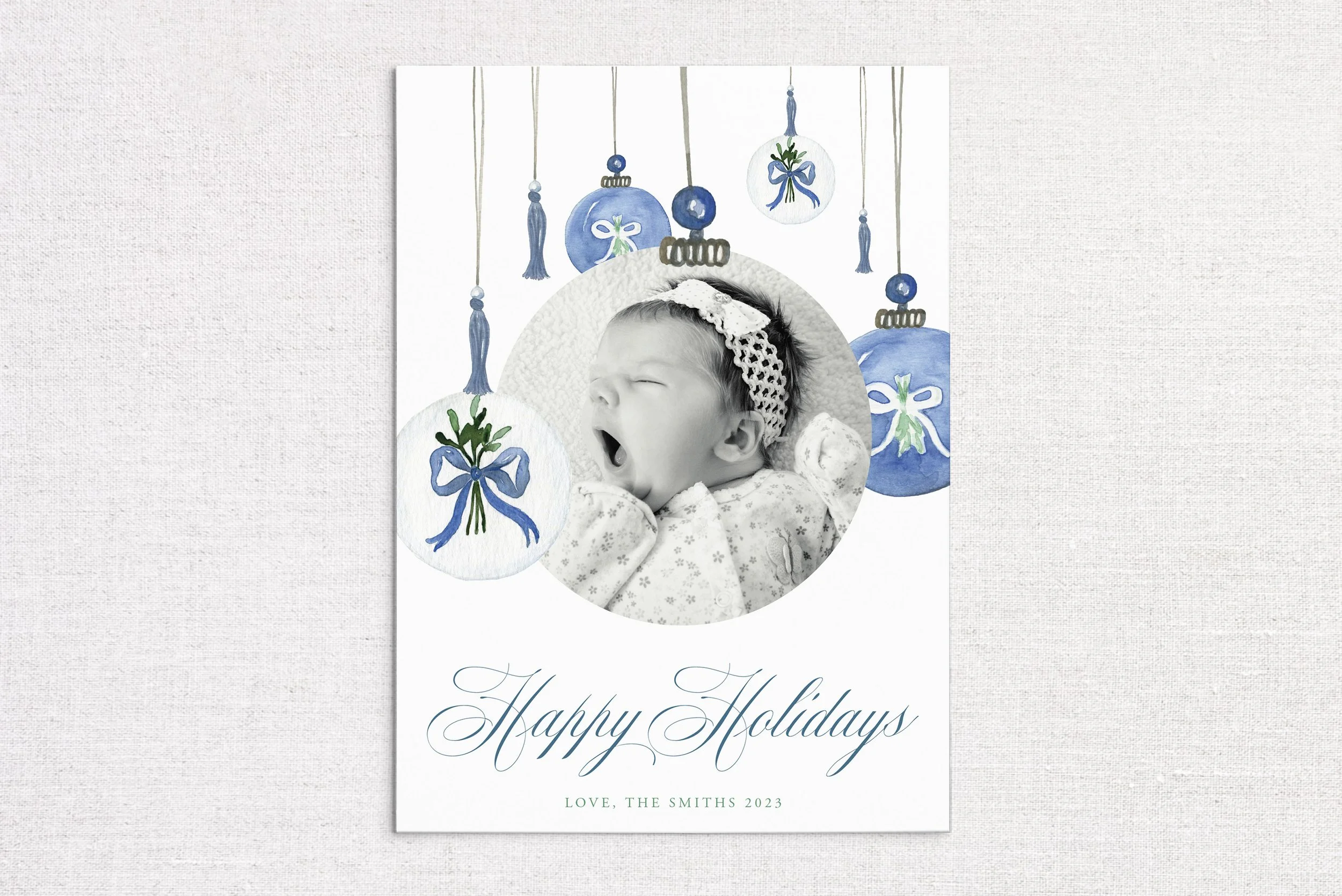 Blue Watercolor Ornament Holiday Card