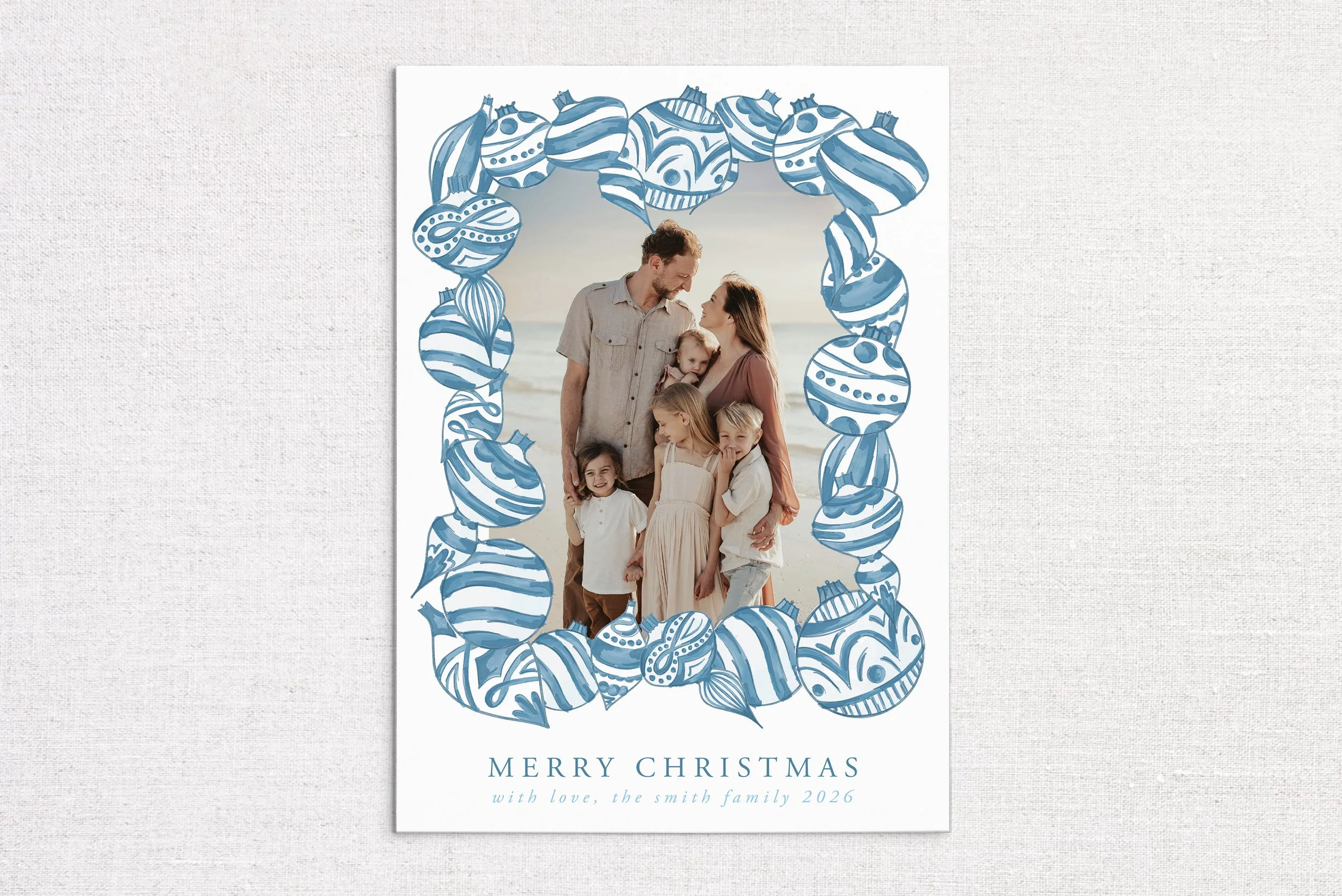 Blue Ornament Frame Holiday Photo Card