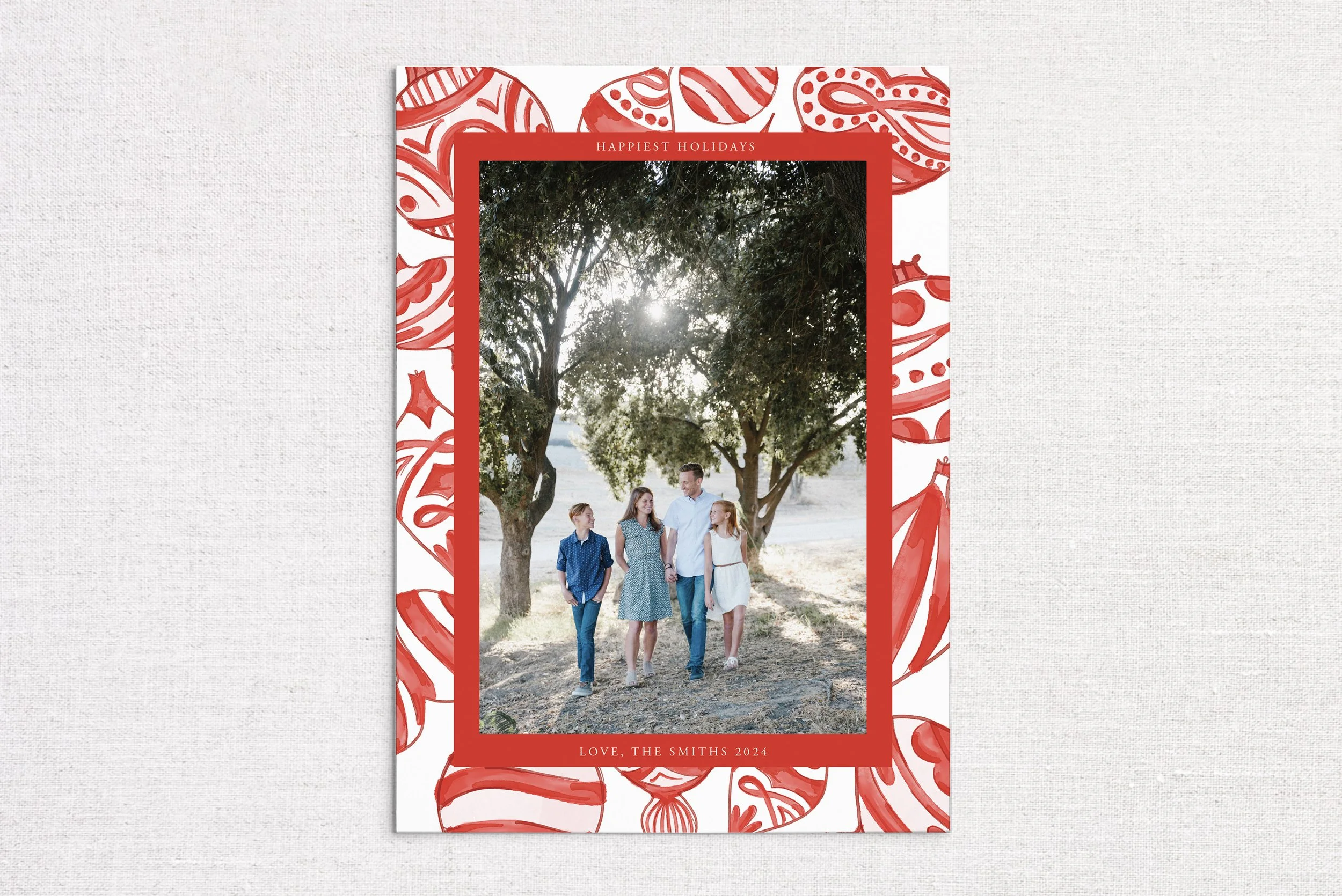 Red Ornament Background Holiday Photo Card