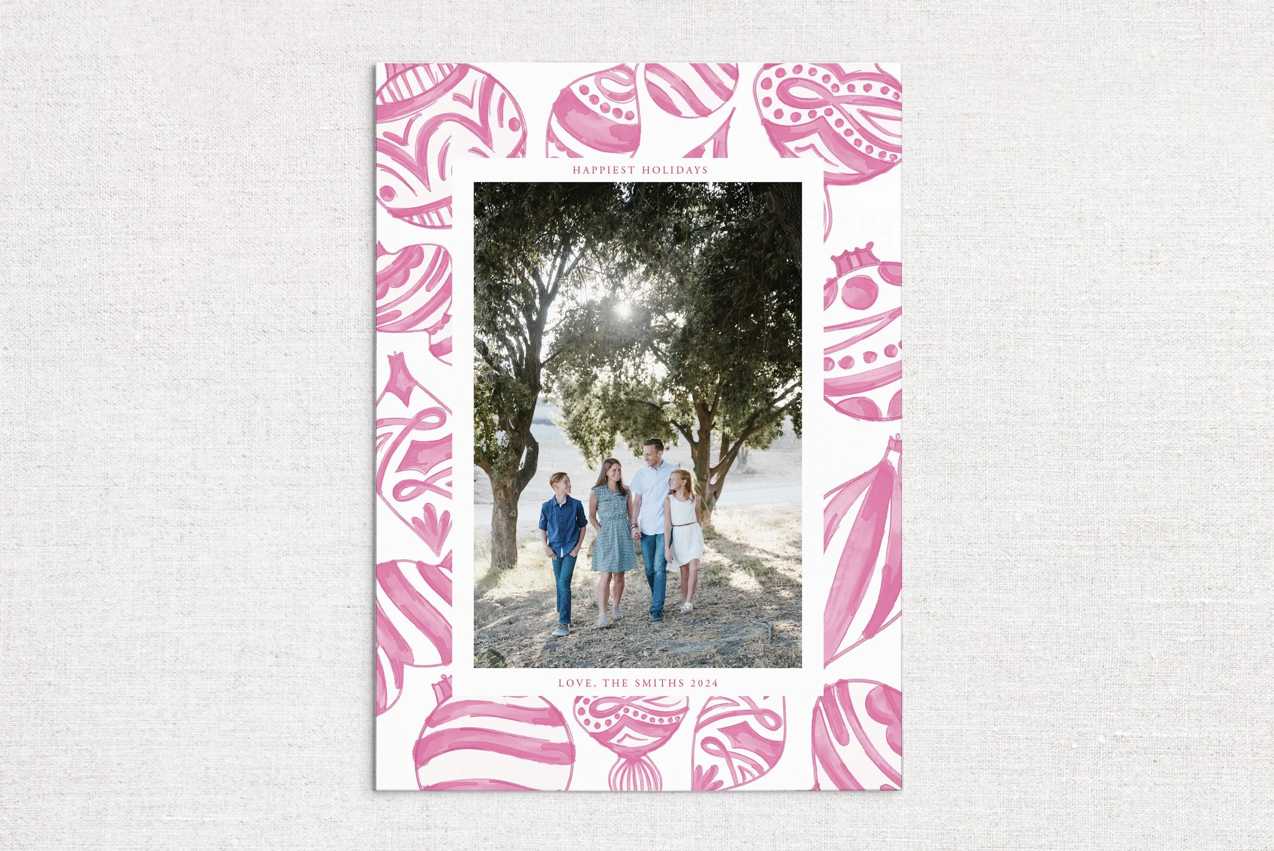 Pink Ornament Background Holiday Photo Card
