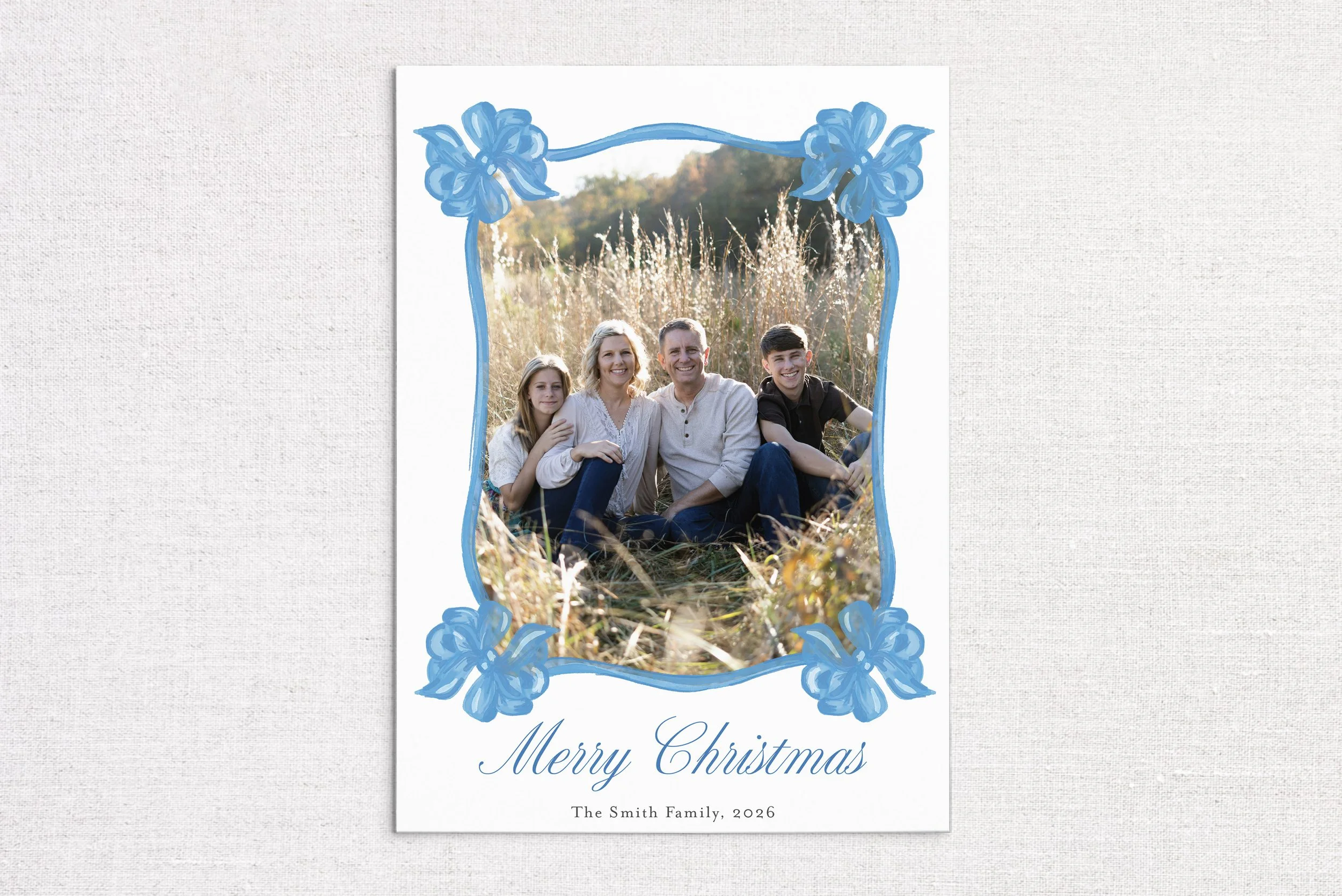 Blue Bow Frame Holiday Photo Card