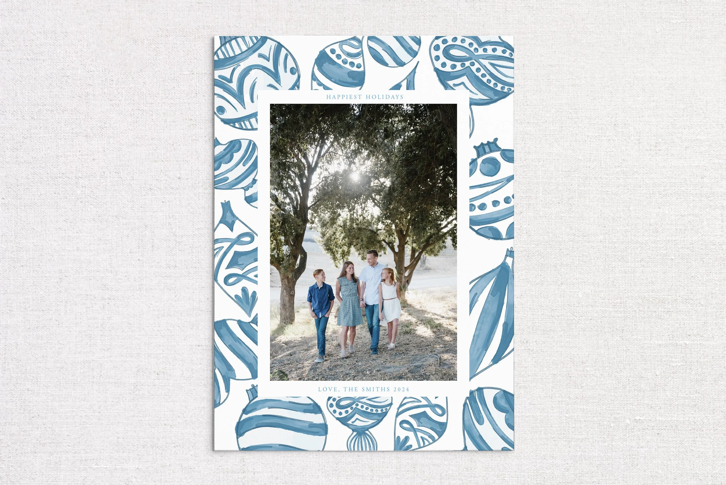 Blue Ornament Background Holiday Photo Card