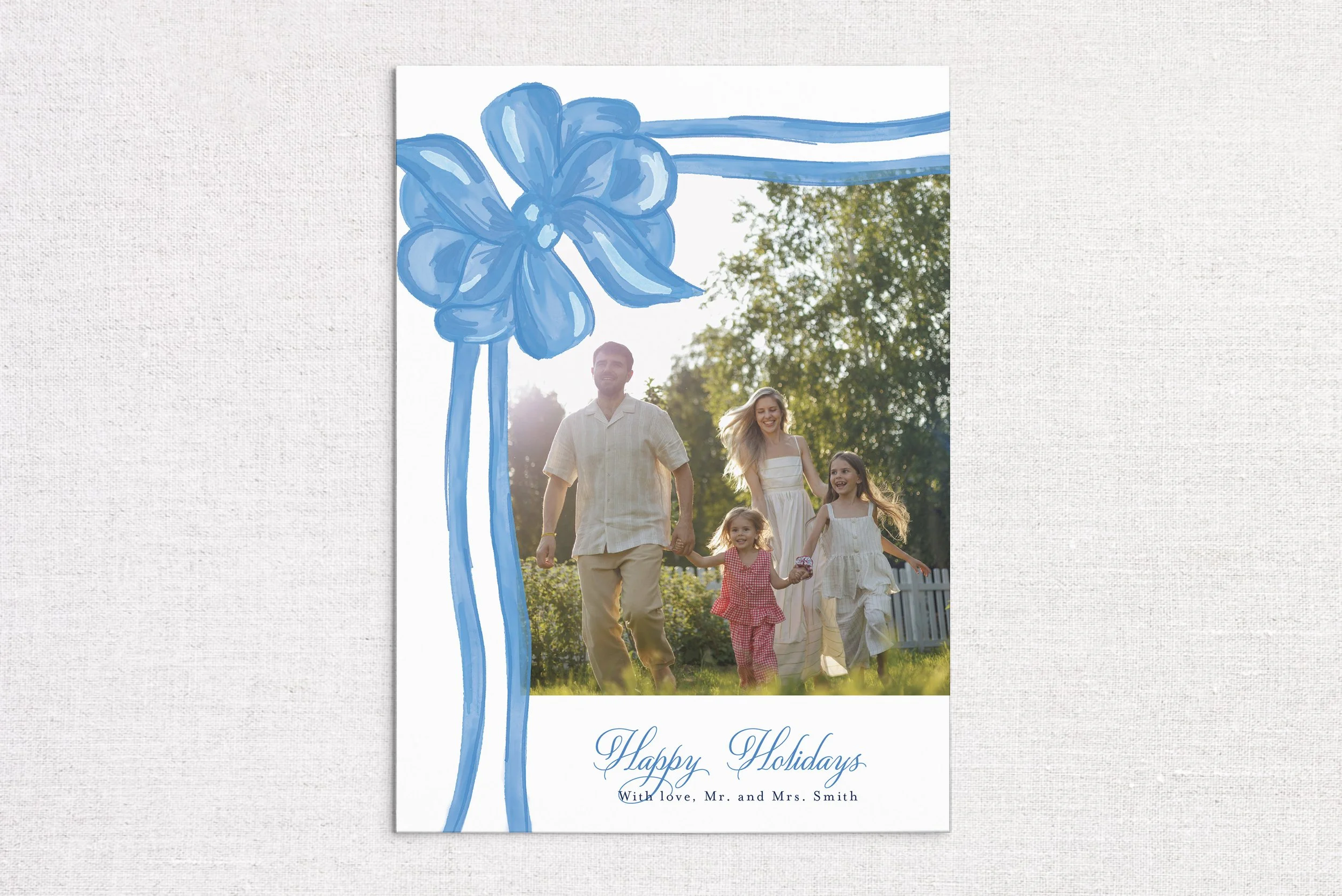 Blue Gift Bow Holiday Photo Card