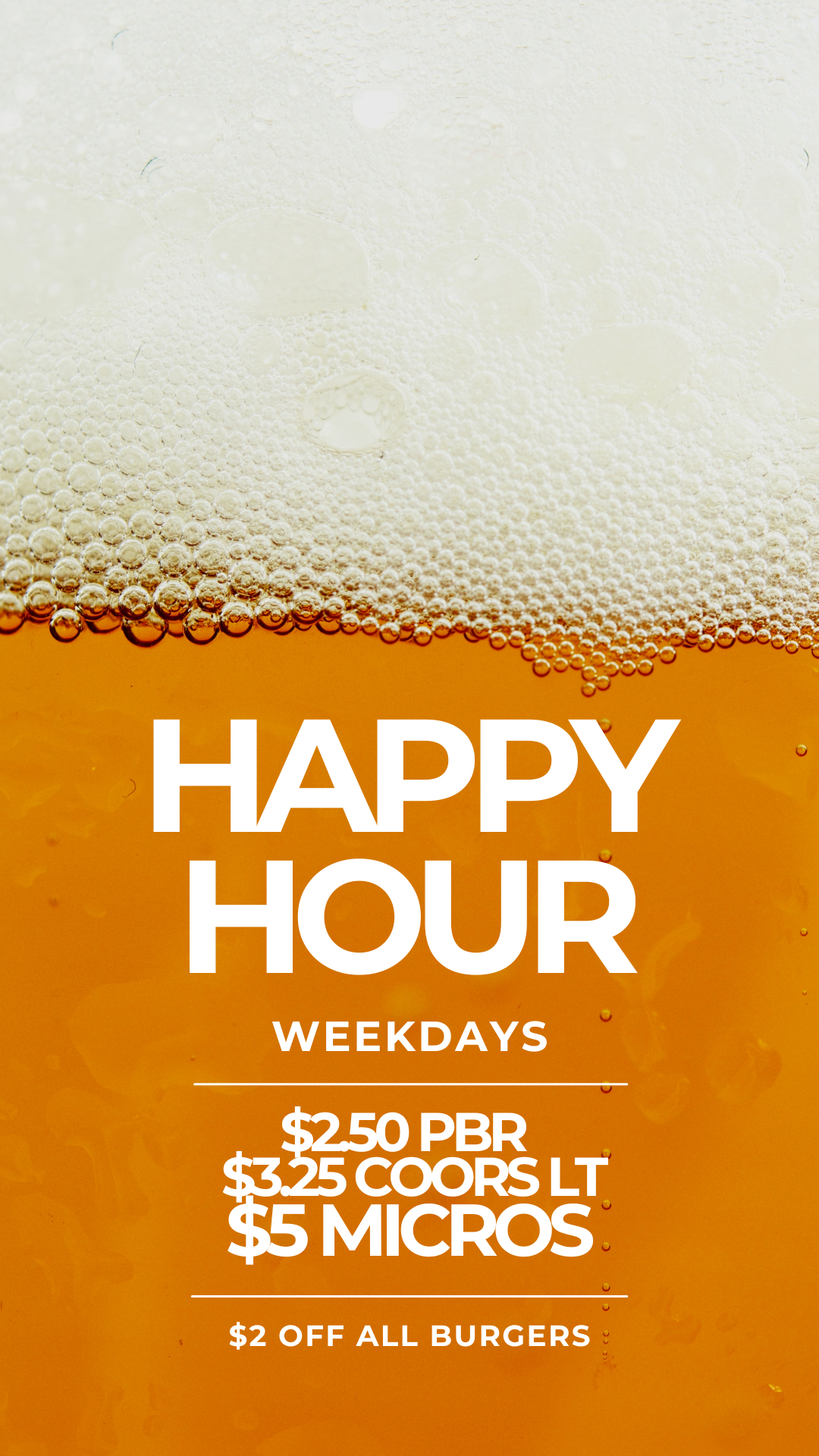 A promotional poster for a happy hour at a bar or restaurant, featuring a background image of a glass of beer with bubbles, and text advertising discounted prices on beers and microbrews.